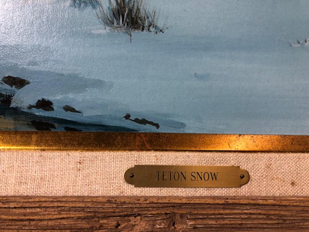 American artist. Lives and creates in Arizona. Proficient in the depiction of subjects, related to an American - Indian culture. 

  Oil on board, signed lower right. 
16.5”h x 24.5”w, overall size is 27” x 35”

“Teton Snow”, c. 1980s
