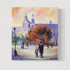 Paesaggio urbano a piedi Pittura ad olio originale, pronta da appendere