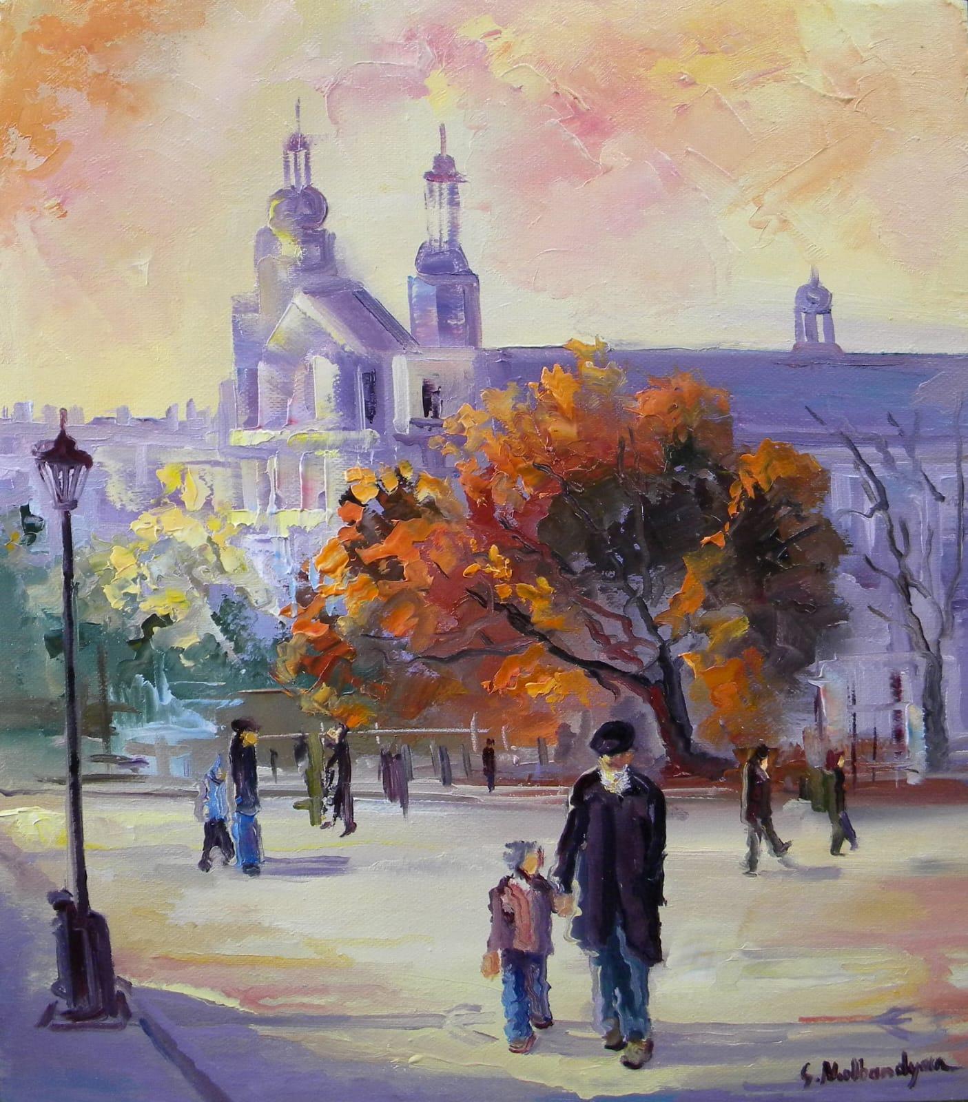 City Walk Landscape Original oil Painting, Ready to Hang
