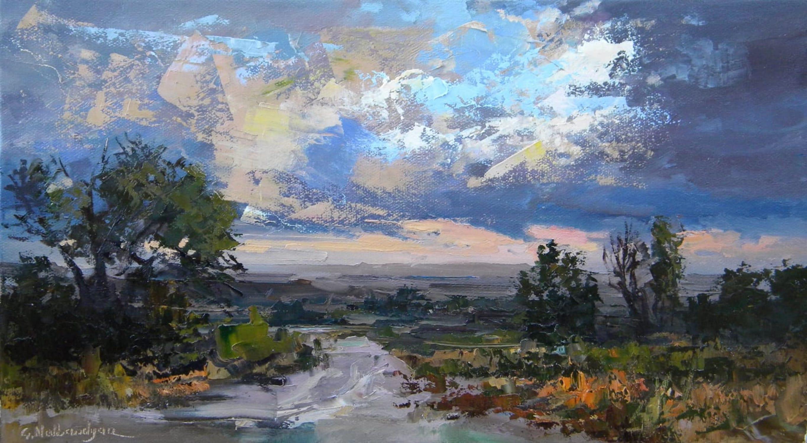 Evening Colors Landscape Original oil Painting, Ready to Hang