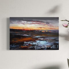 Pintura al óleo original de estilo impresionista que representa un paisaje del cielo al atardecer, lista para colgar