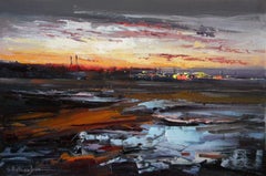 Pintura al óleo original de estilo impresionista que representa un paisaje del cielo al atardecer, lista para colgar