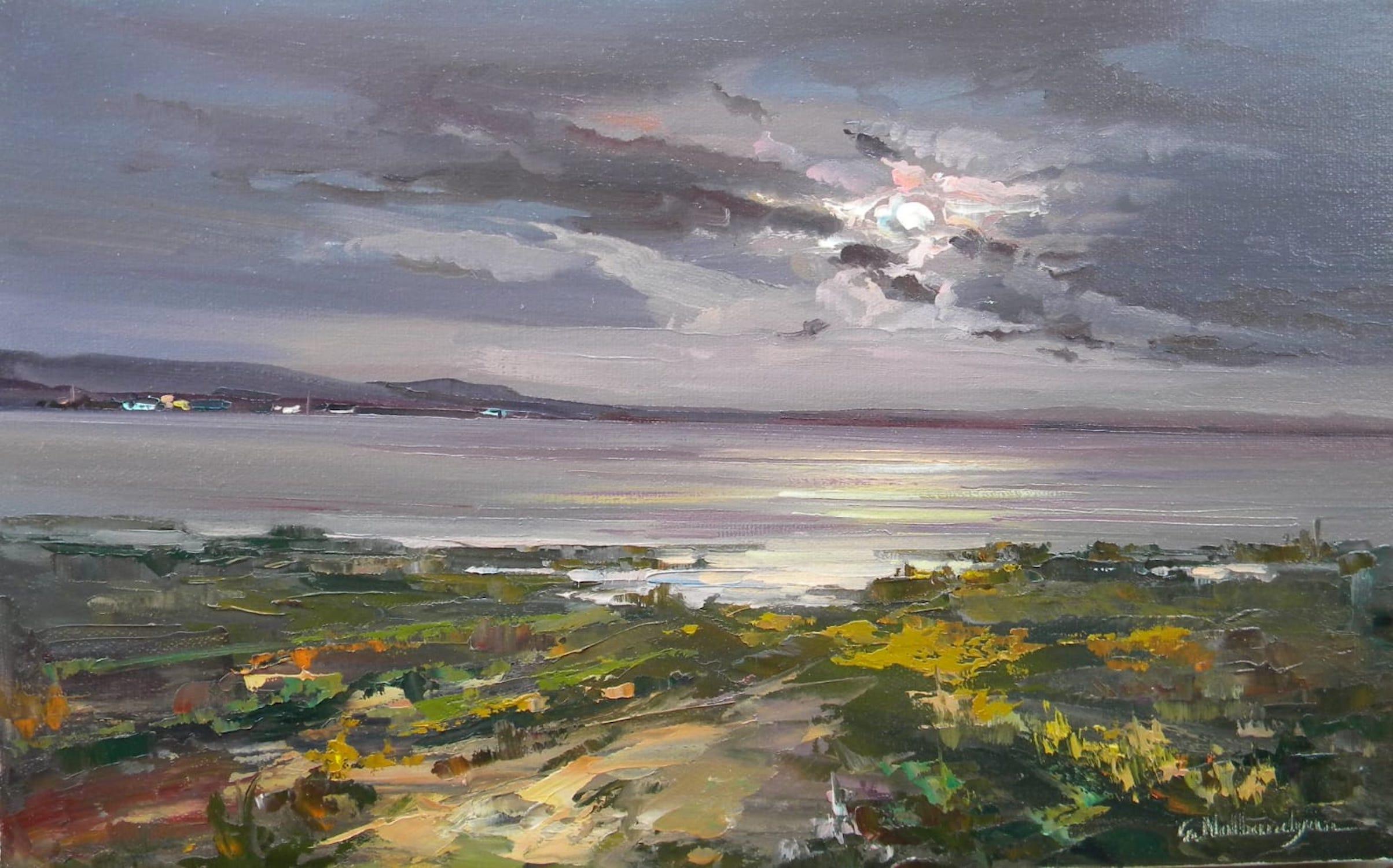 Paysage de la pleine lune Peinture à l'huile originale, prête à être accrochée