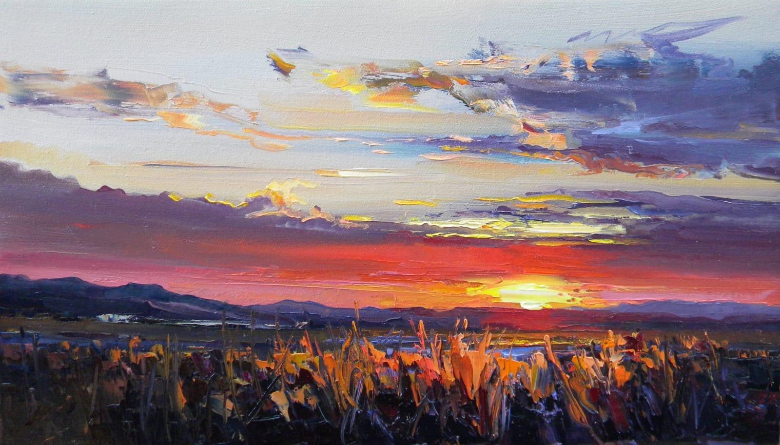 Purple Evening Landscape Impressionism Original oil Painting, Ready to Hang