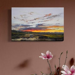Paisaje al atardecer Pintura al óleo original, lista para colgar