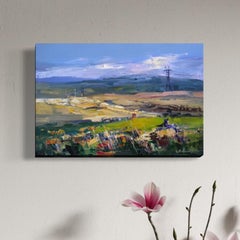 Pintura al óleo original «Mountain Hill Landscape», lista para colgar