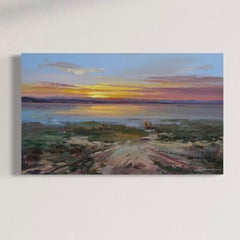 Sunset on Lake Landscape Original oil Painting, Ready to Hang