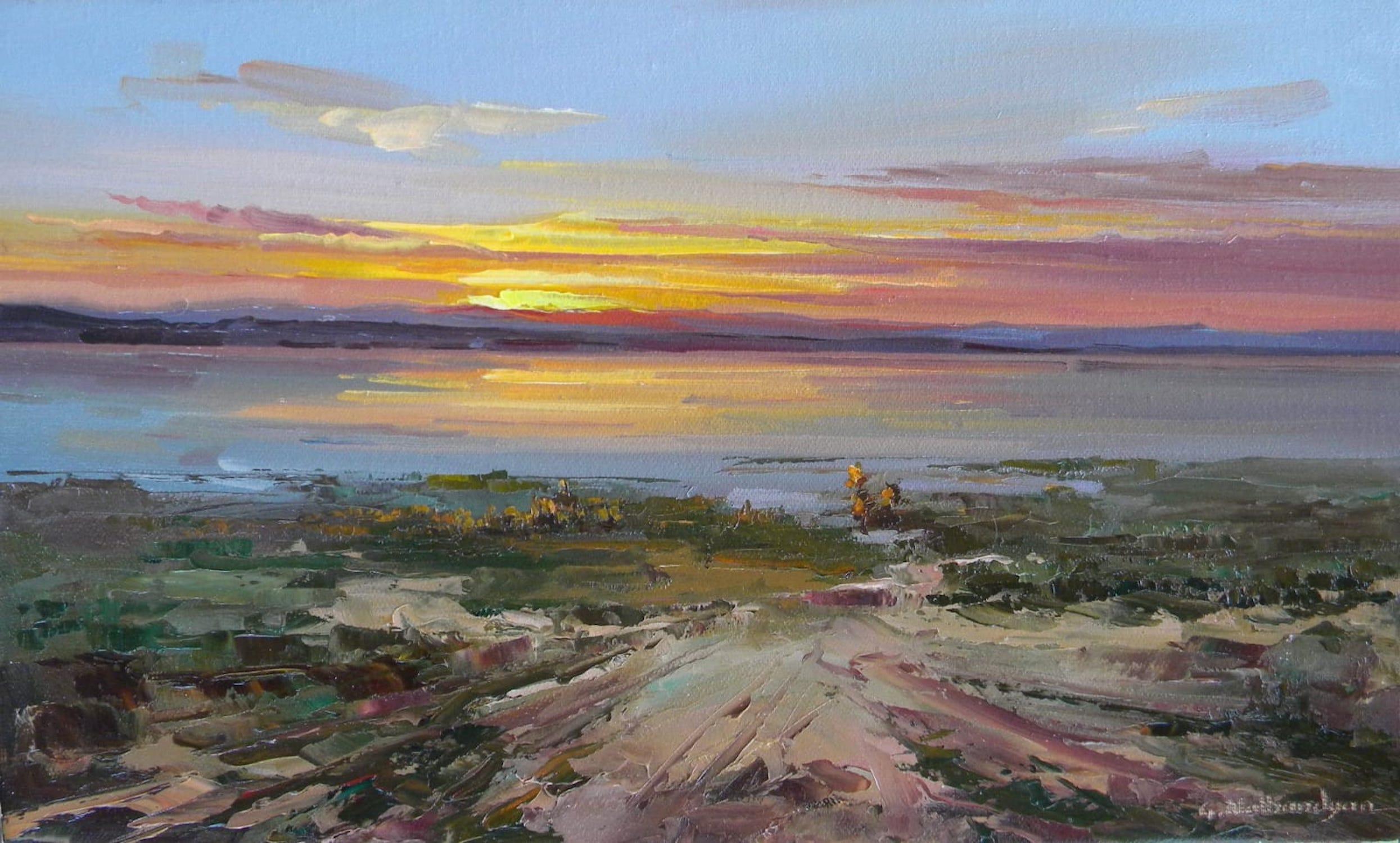 Sunset on Lake Landscape Original oil Painting, Ready to Hang