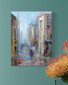 Paesaggio urbano a piedi Pittura ad olio originale, pronta da appendere