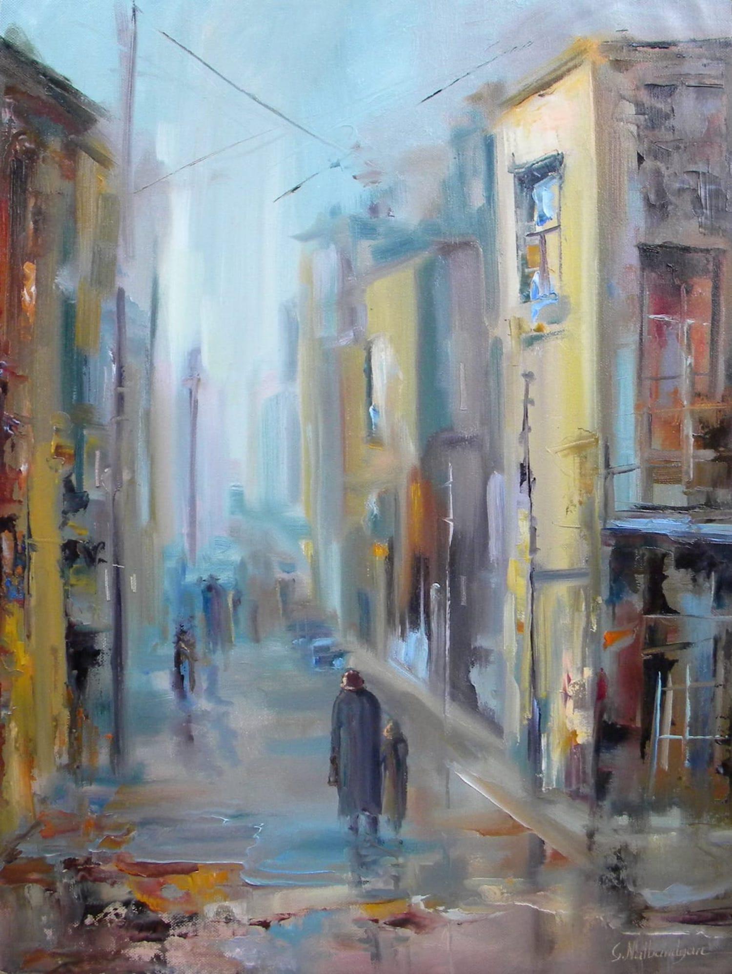 Walking Cityscape Original oil Painting, Ready to Hang