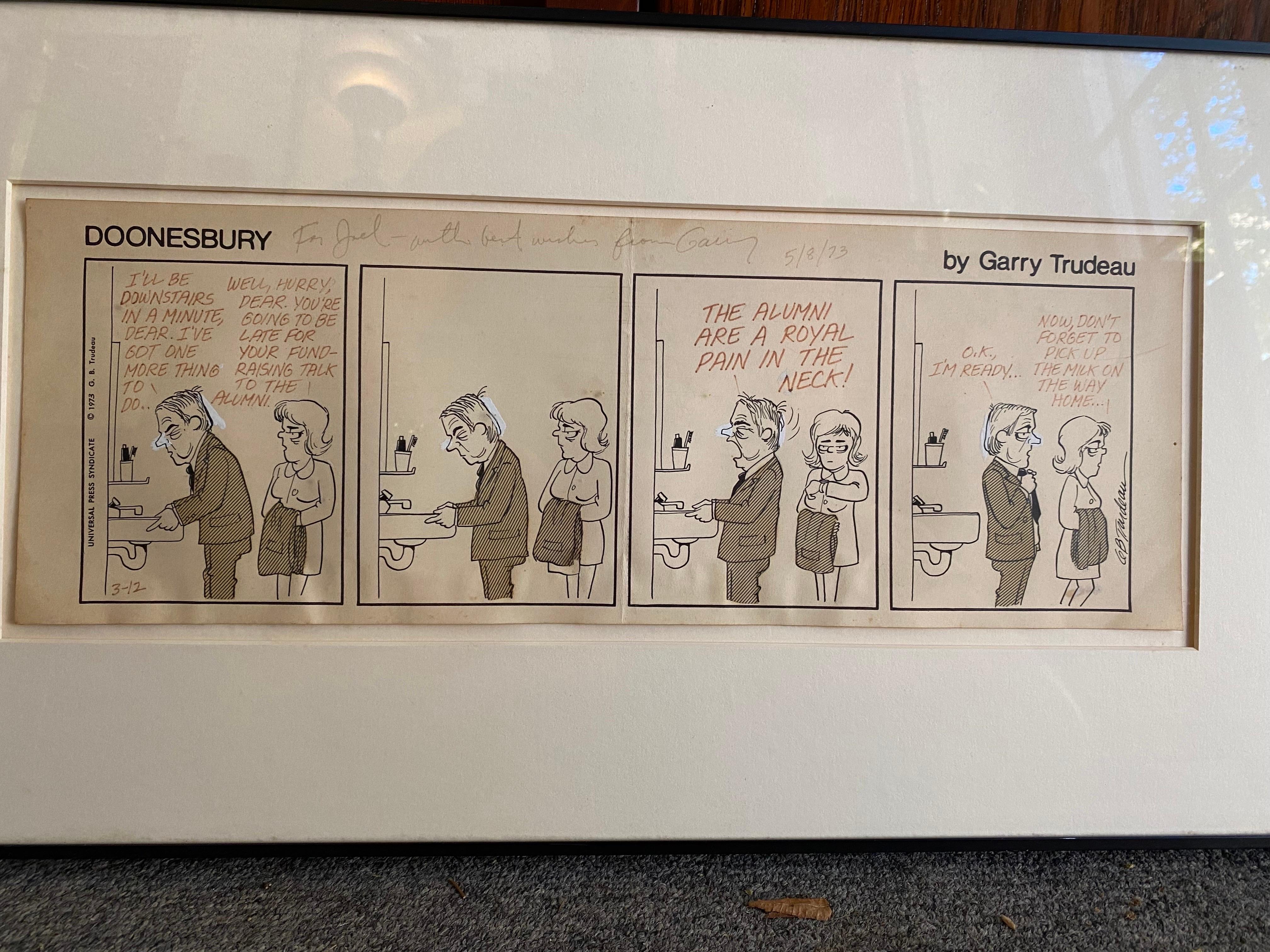 Original Garry Trudeau Comic Strip Drawing from 1973. Inscribed and signed top border. Framed and matted.