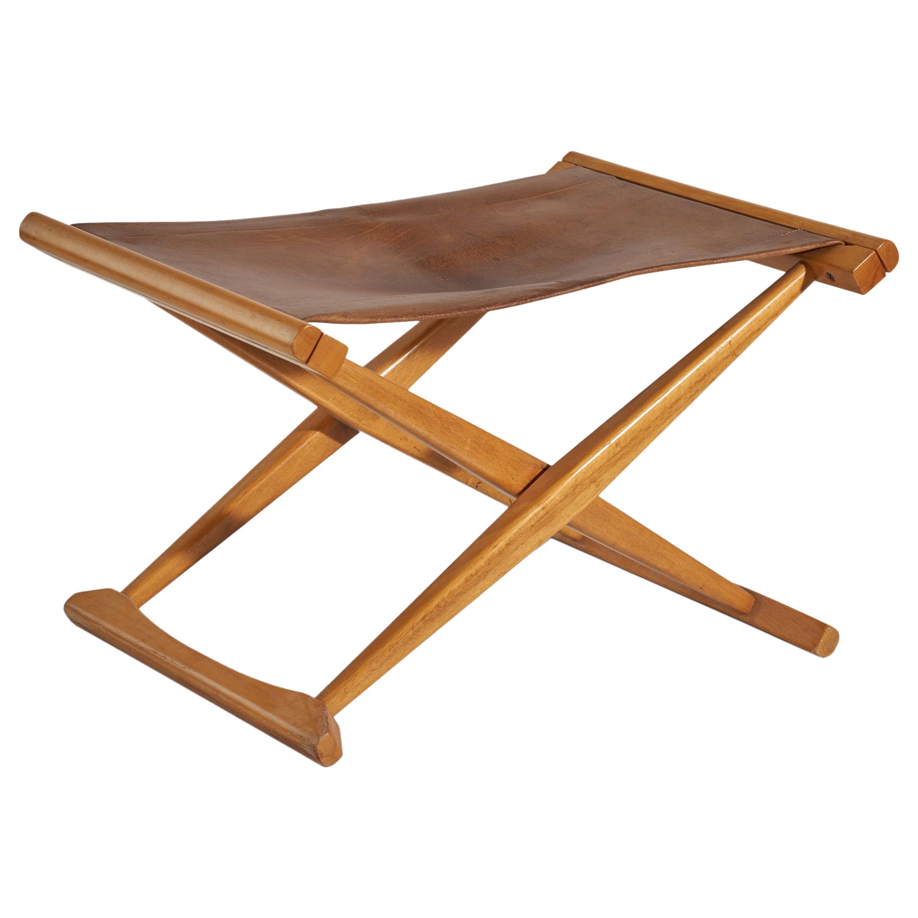 Gärsnäs, Foldable Stool, Solid Oak, Natural Leather, Sweden, 1950s For Sale