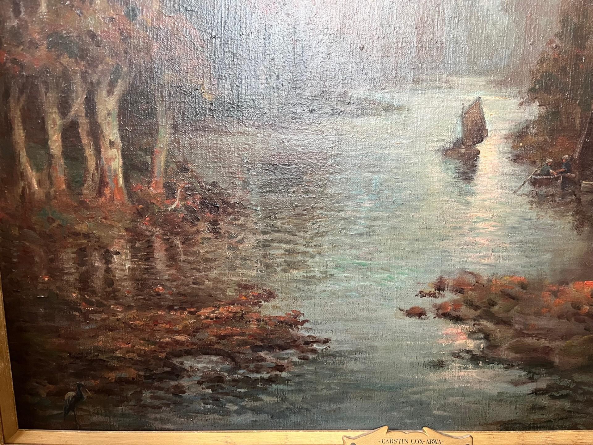 Paesaggio impressionista del XX secolo, olio al chiaro di luna sul fiume Fal in Cornovaglia - Landscape Painting Marrone di Garstin Cox