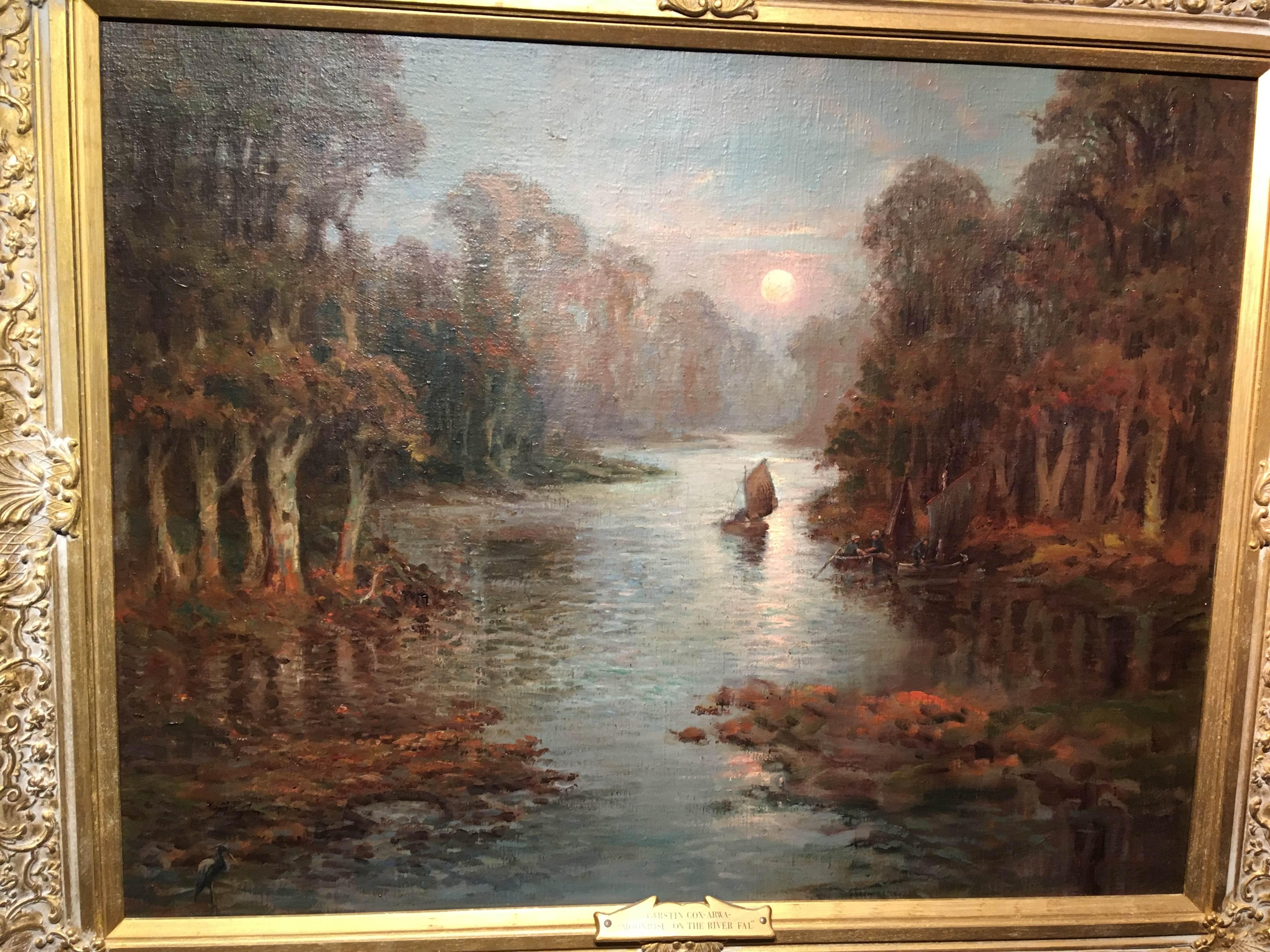 Landscape Painting Garstin Cox - La lumière de lune sur la rivière Fal, Cornouailles, grande nocturne de la rivière, peinture à l'huile
