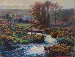 Antique Roseworthy Valley, Cornwall - large  impressionist landscape with gorse
