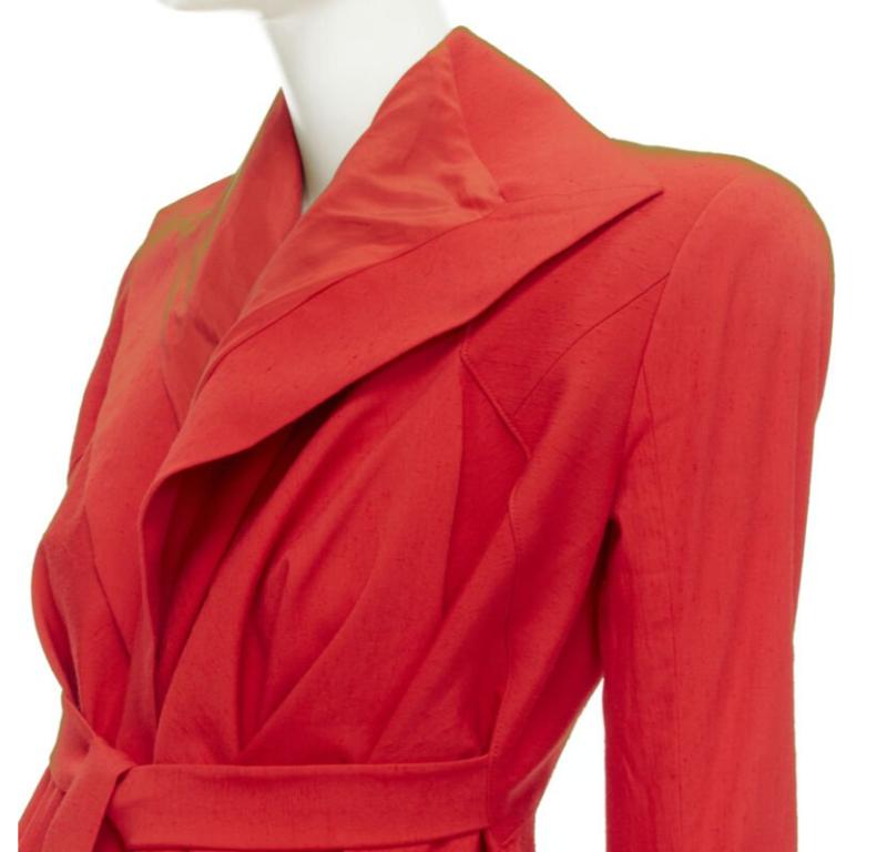 GARTEH PUGH red shoulder padded draped hem belted jacket IT38 XS
Reference: KEDG/A00041
Brand: Gareth Pugh
Collection: 2018
Material: Viscose, Elastane
Color: Red
Pattern: Solid
Closure: Belt
Extra Details: Strong shoulder padded. Draped collar.