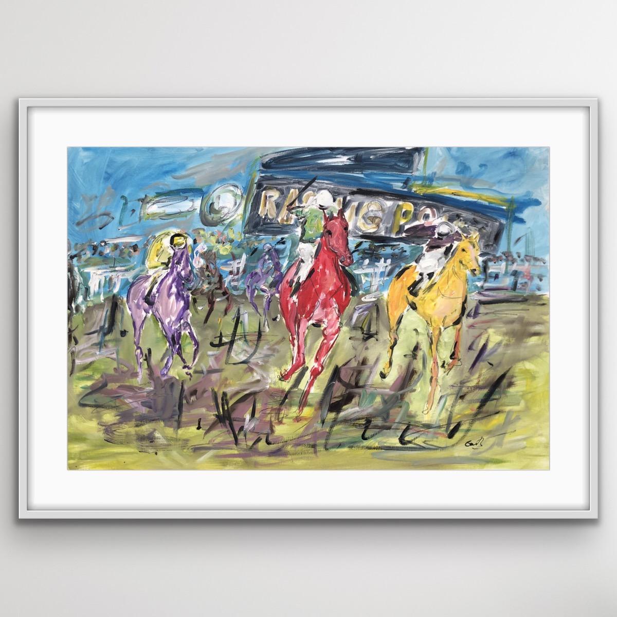 Cheltenham Races is an original painting by Garth Bayley Based on the Cheltenham races. Horses, Horseracing, sport,
The 60 x 90 cm is the image size with extra for framing. The painting Is on high-quality specialist oil paper and will be posted