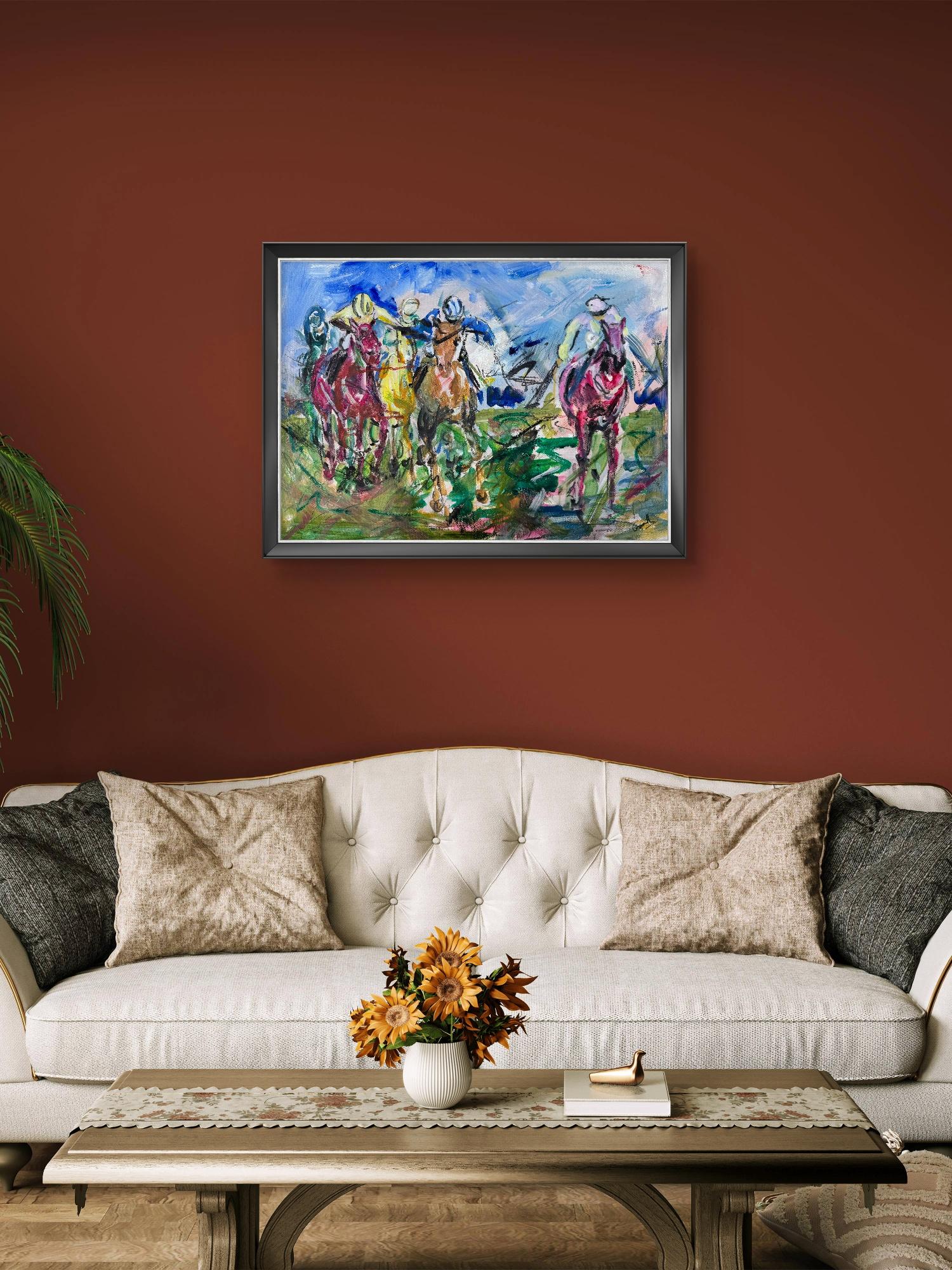 Garth Bayley Garth Bayley. Out of the Gates -Horses Racing Peinture originale à la plume, aquarelle et encre sur papier aquarelle Plume et encre sur papier Dimensions de l'image : H24 cm x L32 cm x P 0.1cm Vendu sans cadre Veuillez noter que les