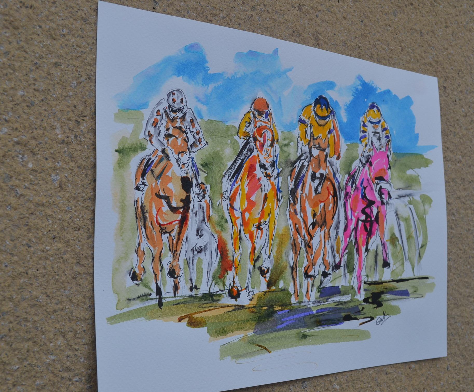 Foto-Finish – Pferderennen, Kunst, Tierkunst, Sportmalerei (Grau), Animal Painting, von Garth Bayley