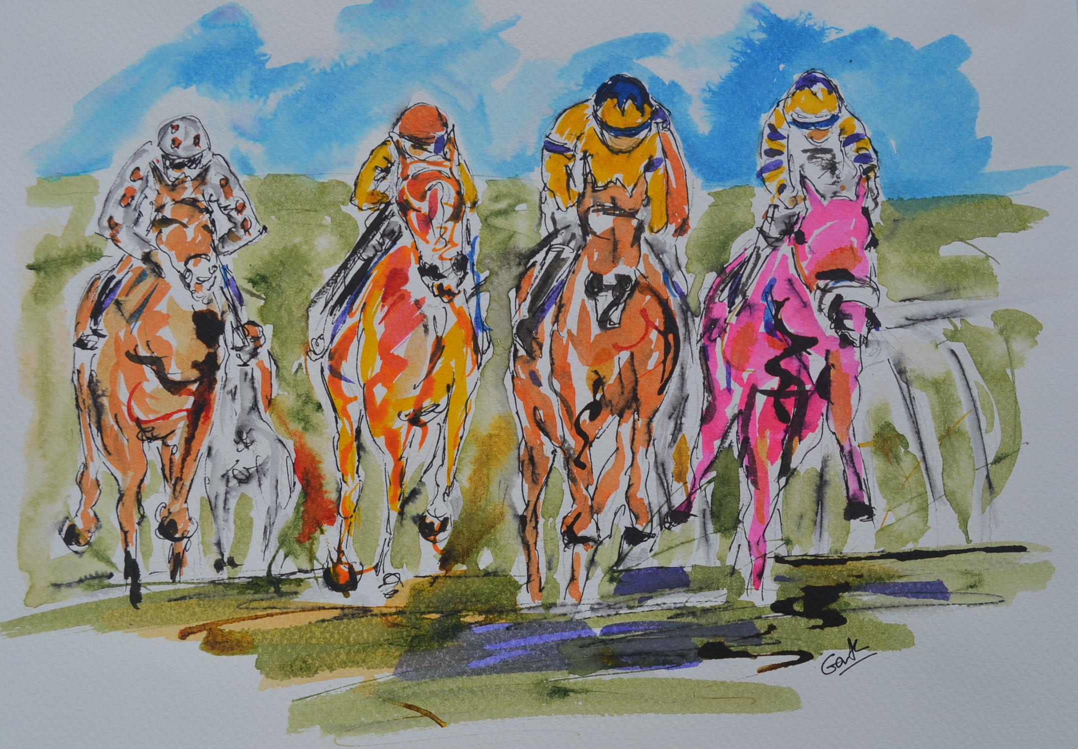 Garth Bayley Animal Painting - Photo Finish - Horses Racing, Horse Racing Art, Animal Art, Sports Painting