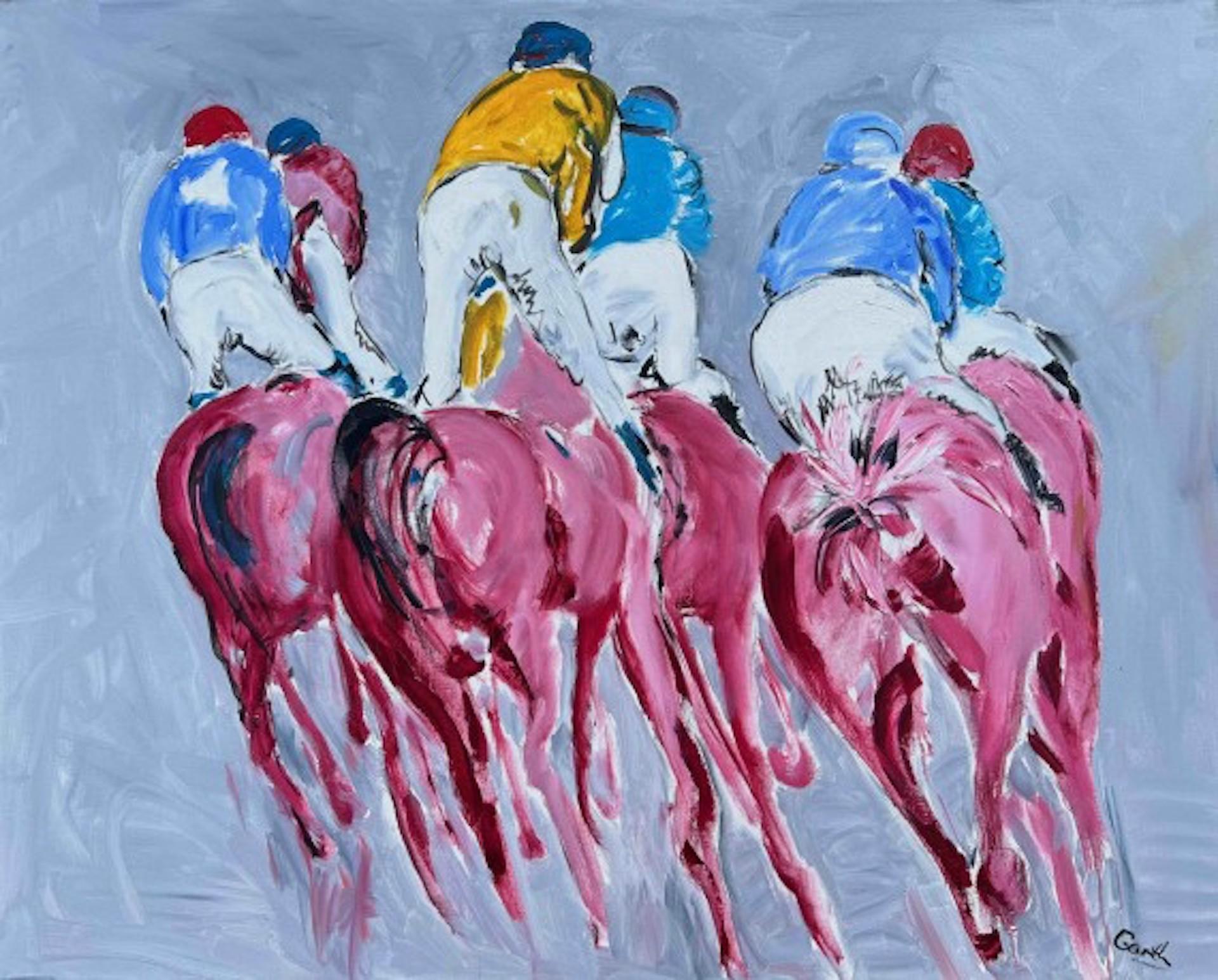 Figurative Painting Garth Bayley - Rump rouge - Course de chevaux, peinture originale de chevaux, animal, sport, art équestre