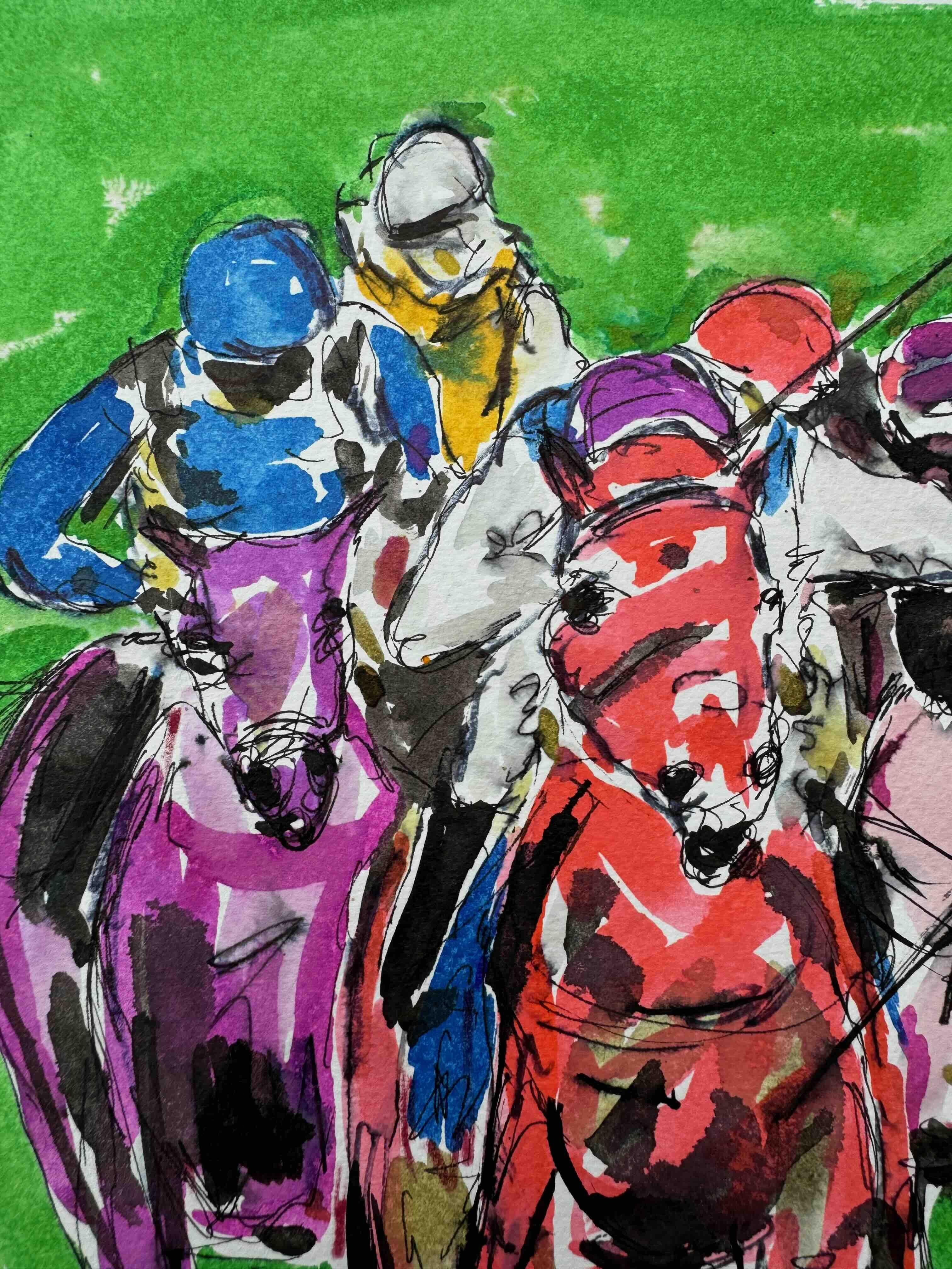 An original painting by Garth Bayley. Pen, watercolour and ink painting of the horses racing.

ADDITIONAL INFORMATION:
Scratch my Back by Garth Bayley [2023]
Original painting
Pen, watercolour and ink painting on watercolour paper
Signed by