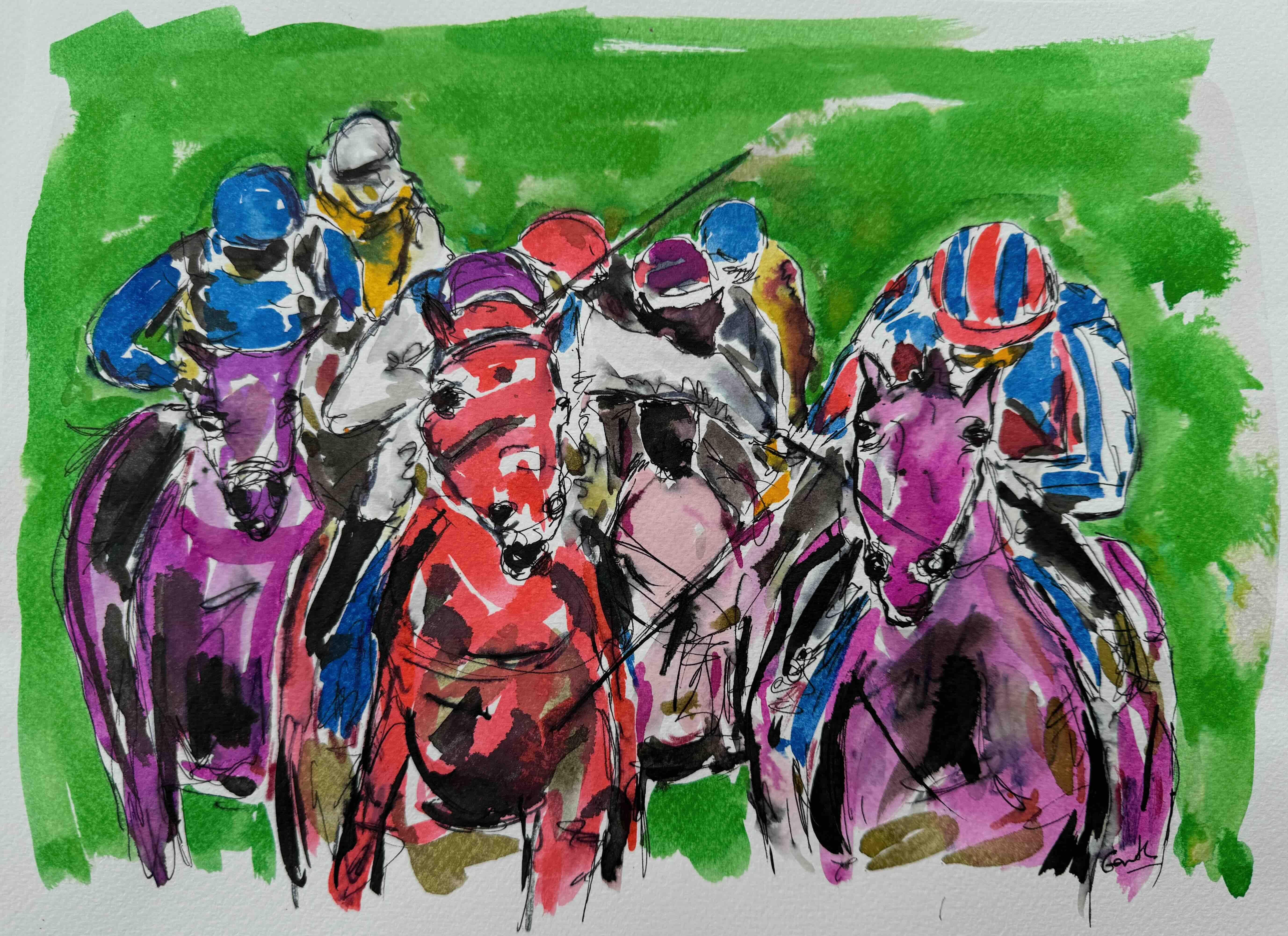 Scratch My Back, peinture originale, art de course de chevaux, animal, art sportif, couleur