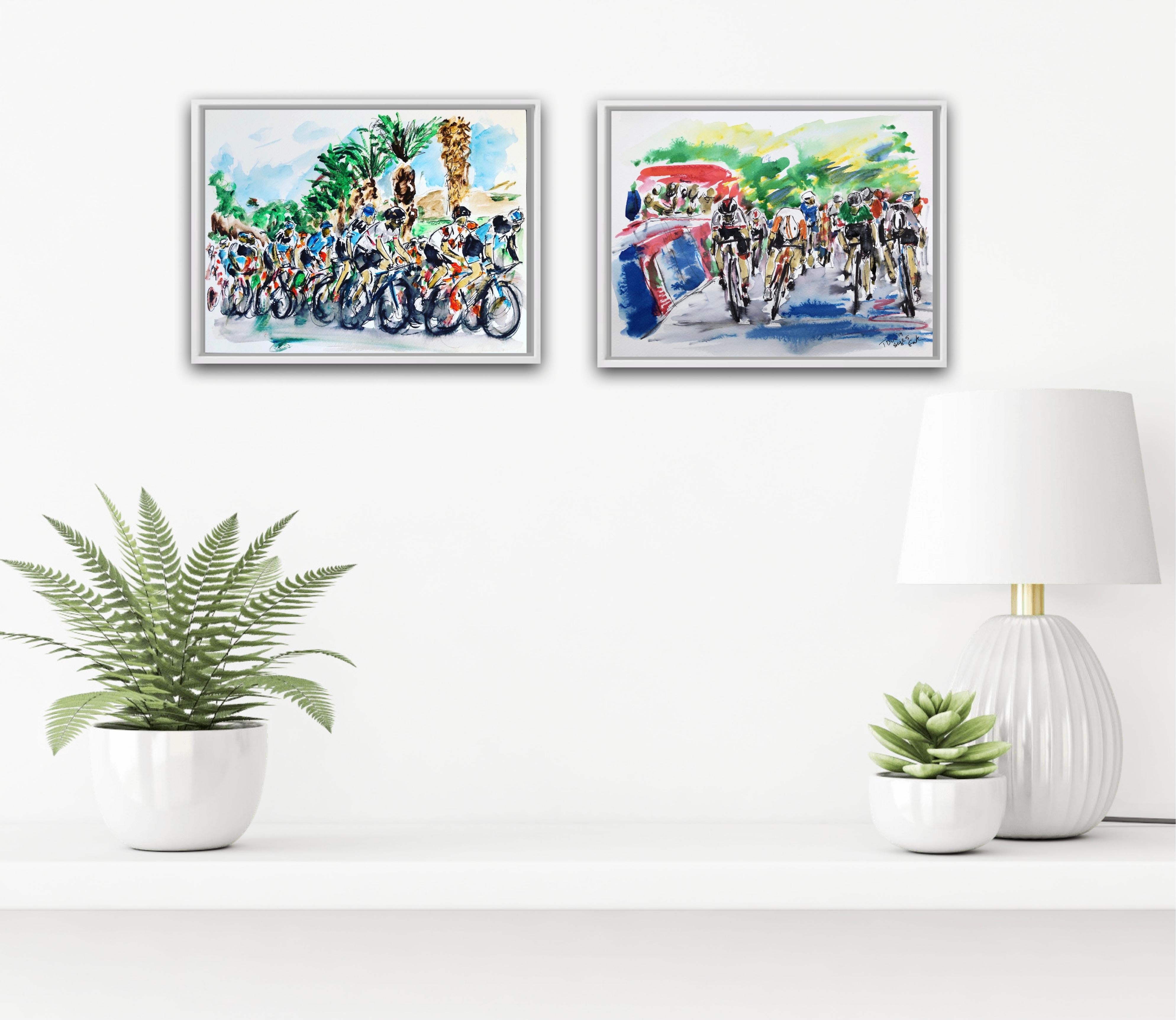 Stage 5 Tour Down Under and Day two of the Tour Down Under ’19 diptych - Painting by Garth Bayley