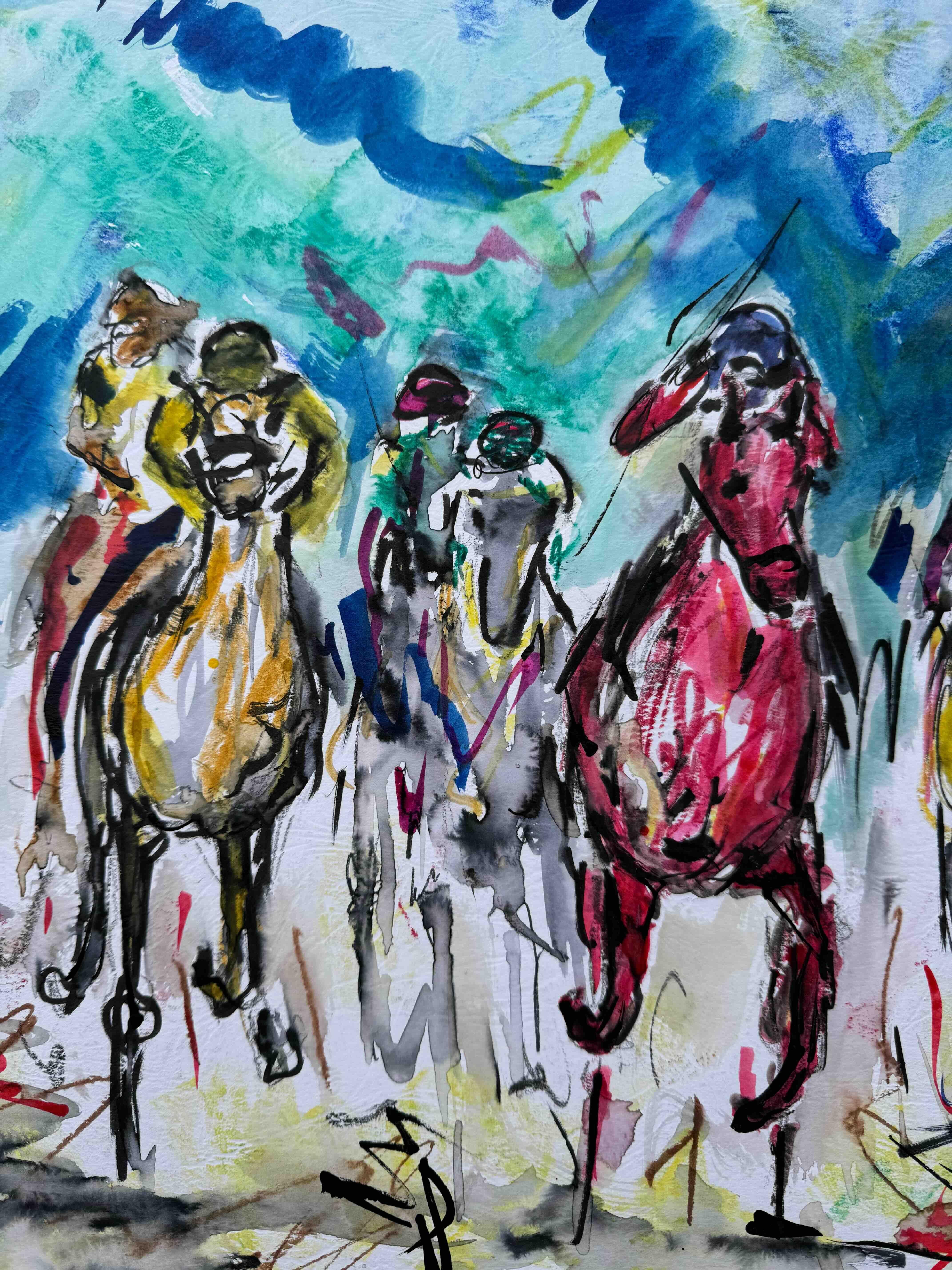 An original painting by Garth Bayley. Pen, watercolour and ink painting of the horses racing on a stormy day. 

ADDITIONAL INFORMATION:
Storm clouds over head by Garth Bayley [2020]
Original painting
Pen, watercolour and ink painting on watercolour