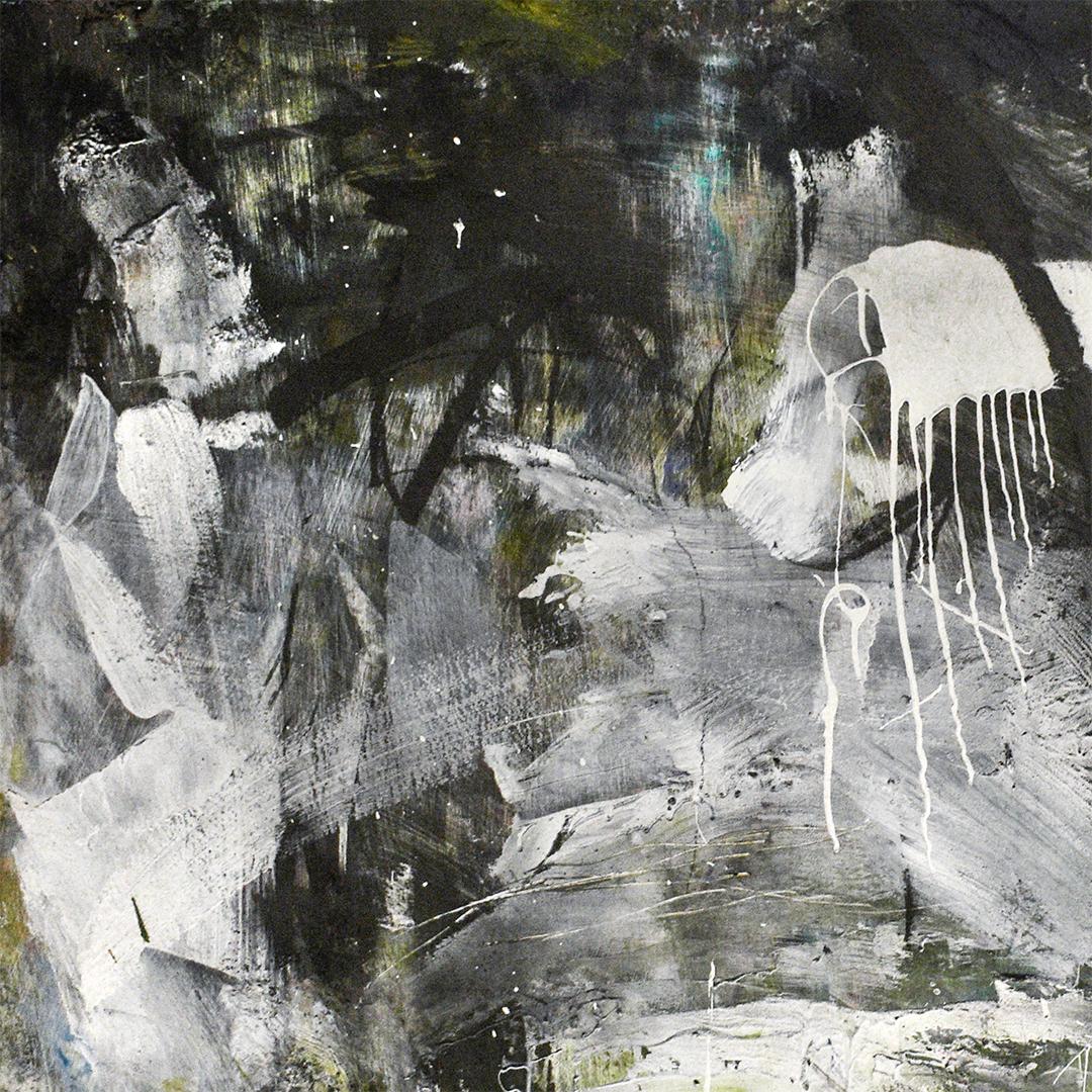 December 2018: Black & White Abstract Expressionist Oil Painting with Charcoal - Gray Abstract Painting by Gary Buckendorf