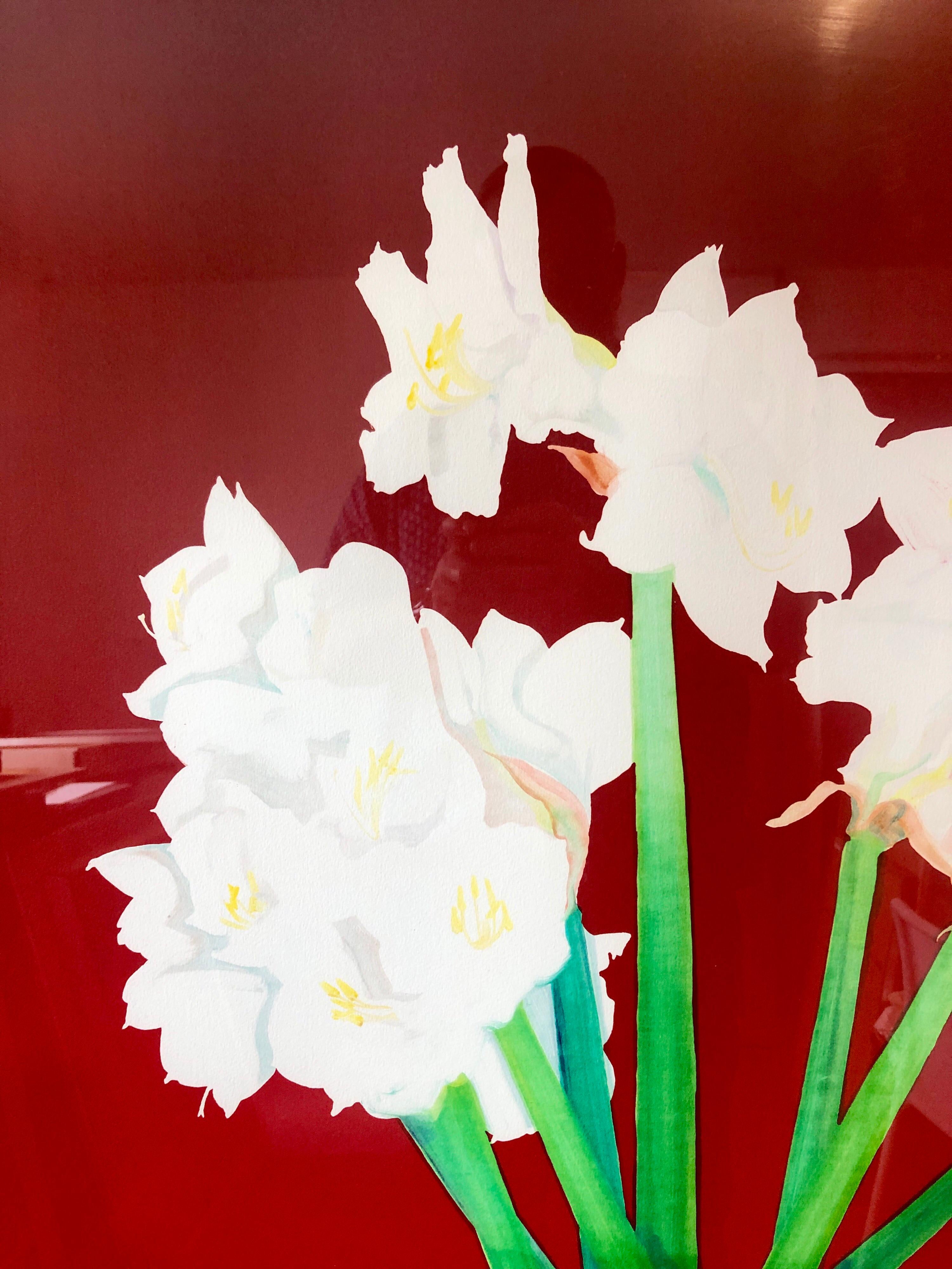 Großes kühnes, farbenfrohes Monoprint-Gemälde, Blumengemälde in Vase, Februar Amaryllis-Blumen im Angebot 6