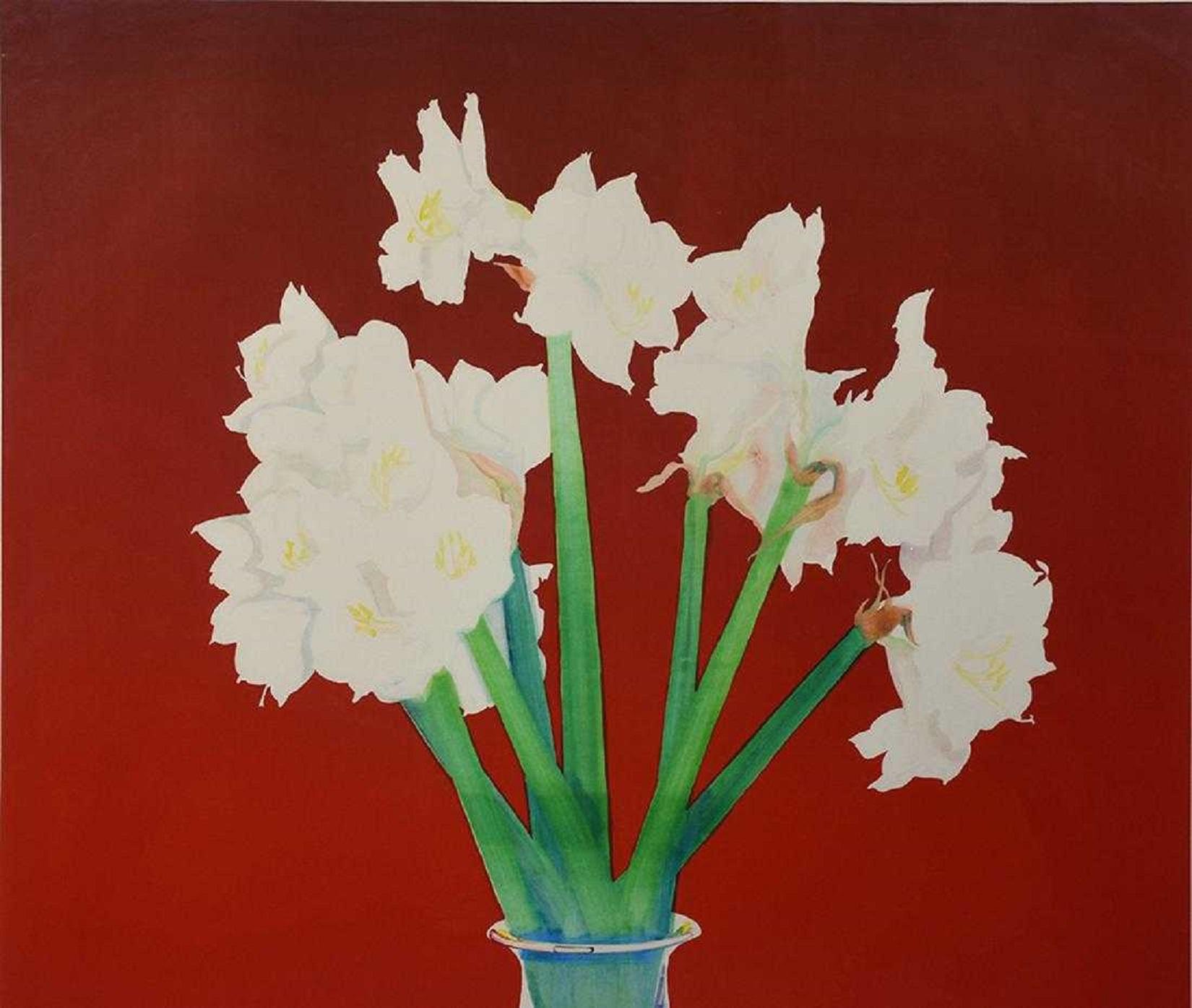 Großes kühnes, farbenfrohes Monoprint-Gemälde, Blumengemälde in Vase, Februar Amaryllis-Blumen im Angebot 7