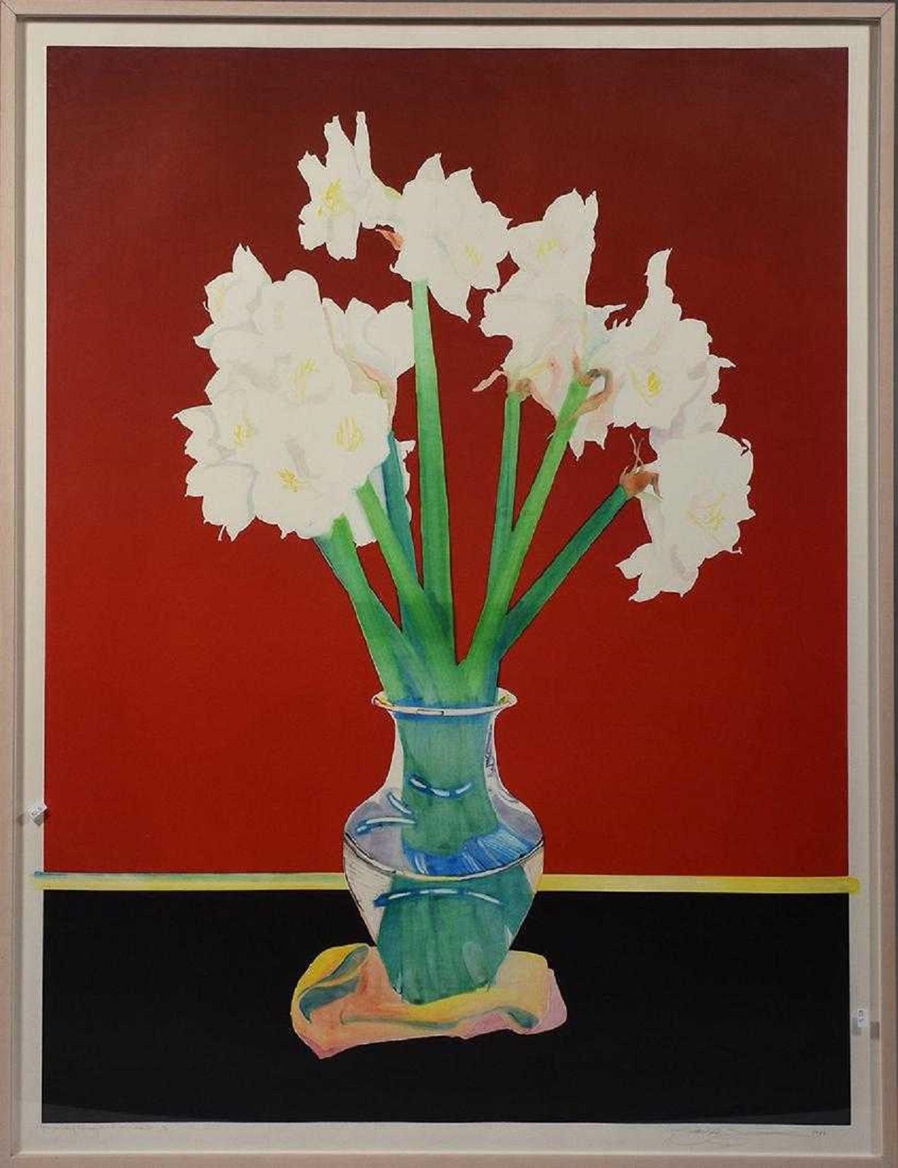 Großes kühnes, farbenfrohes Monoprint-Gemälde, Blumengemälde in Vase, Februar Amaryllis-Blumen im Angebot 8