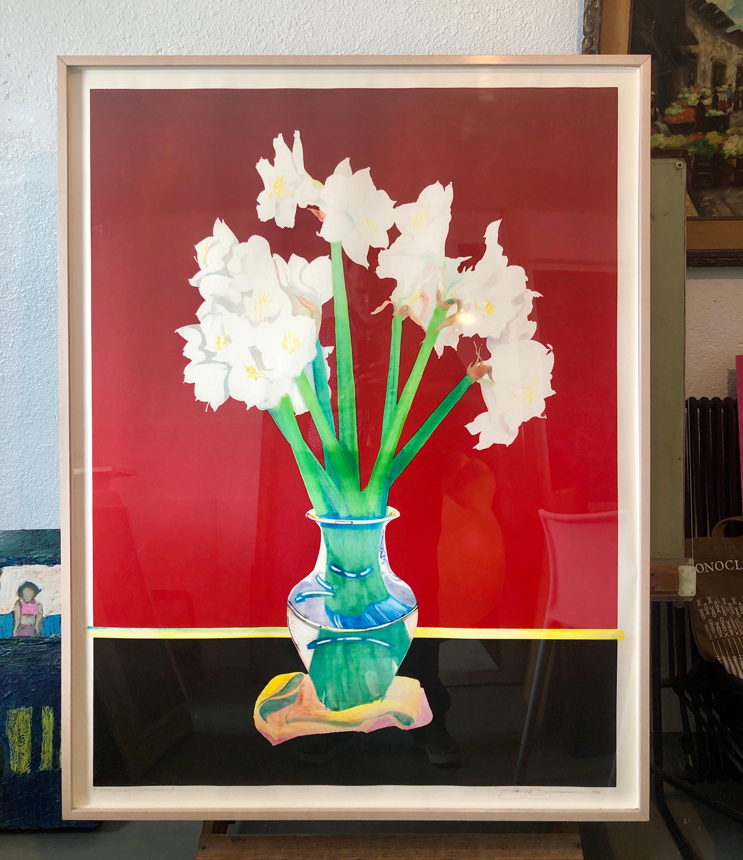 Großes kühnes, farbenfrohes Monoprint-Gemälde, Blumengemälde in Vase, Februar Amaryllis-Blumen im Angebot 9