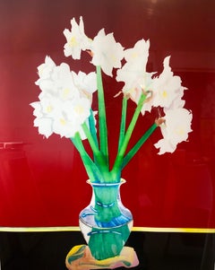 Large Bold Colorful Monoprint Painting Floral in Vase February Amaryllis Flowers
