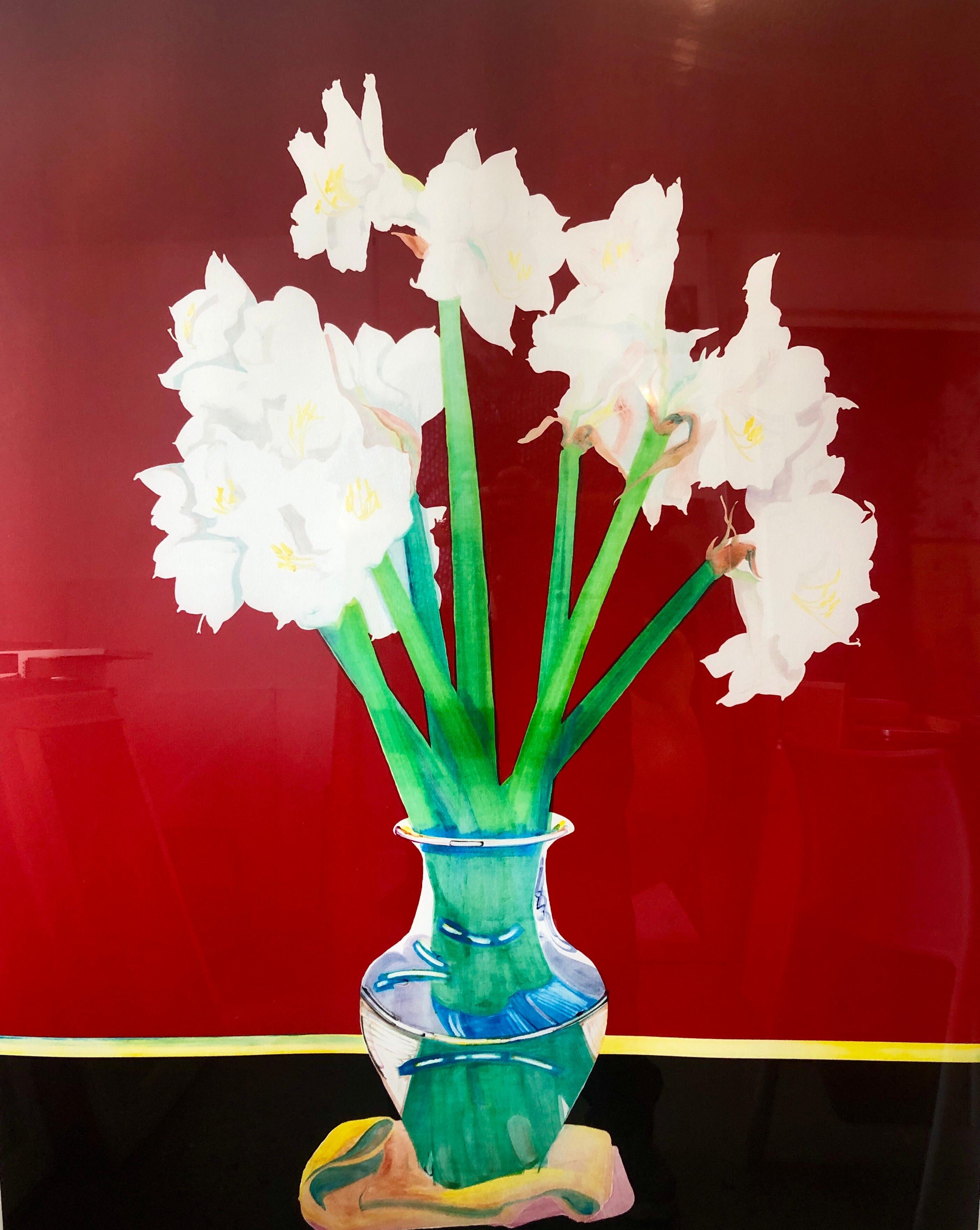 Großes kühnes, farbenfrohes Monoprint-Gemälde, Blumengemälde in Vase, Februar Amaryllis-Blumen – Print von Gary Bukovnik