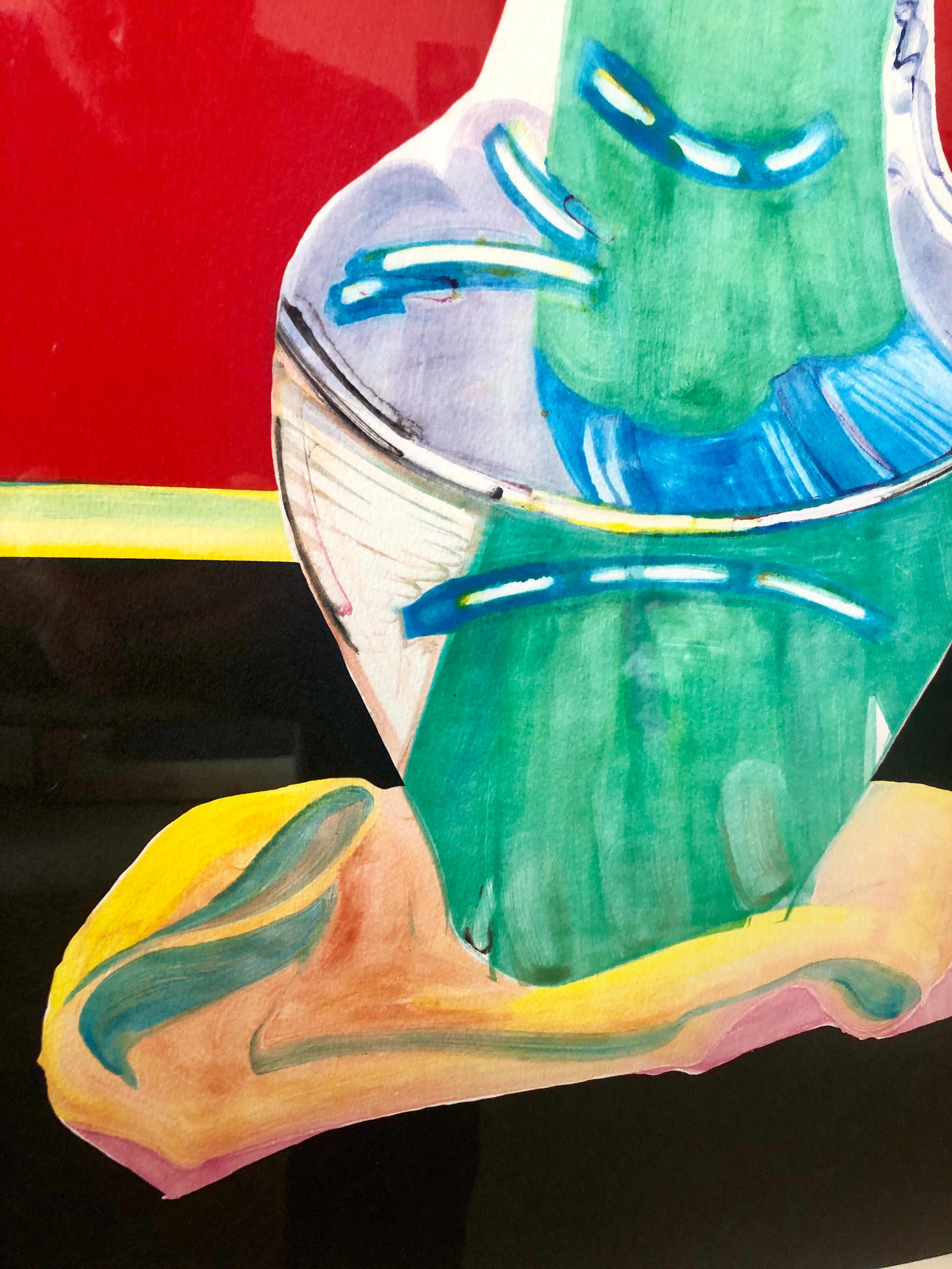 Großes kühnes, farbenfrohes Monoprint-Gemälde, Blumengemälde in Vase, Februar Amaryllis-Blumen im Angebot 3