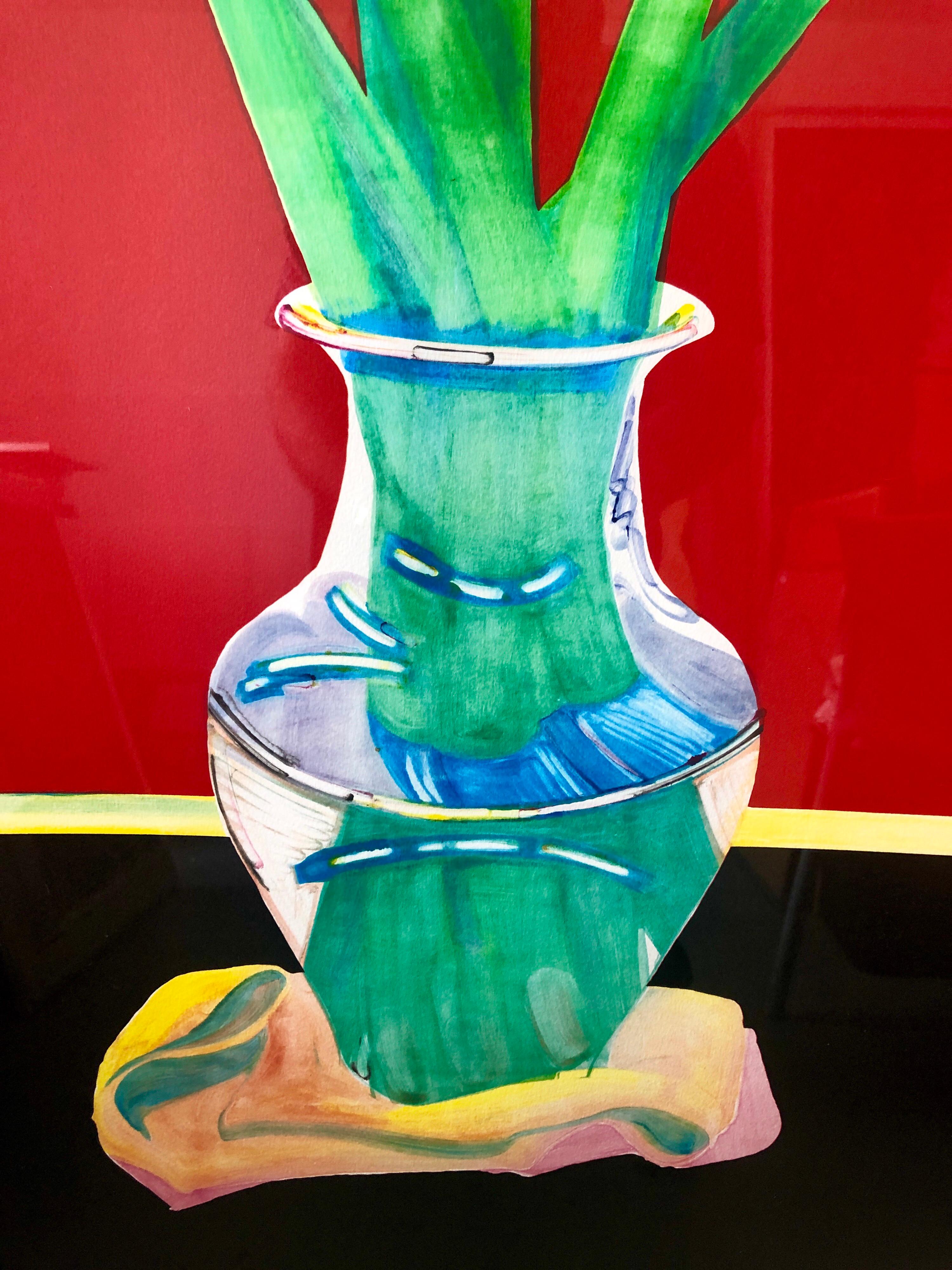 Großes kühnes, farbenfrohes Monoprint-Gemälde, Blumengemälde in Vase, Februar Amaryllis-Blumen im Angebot 4