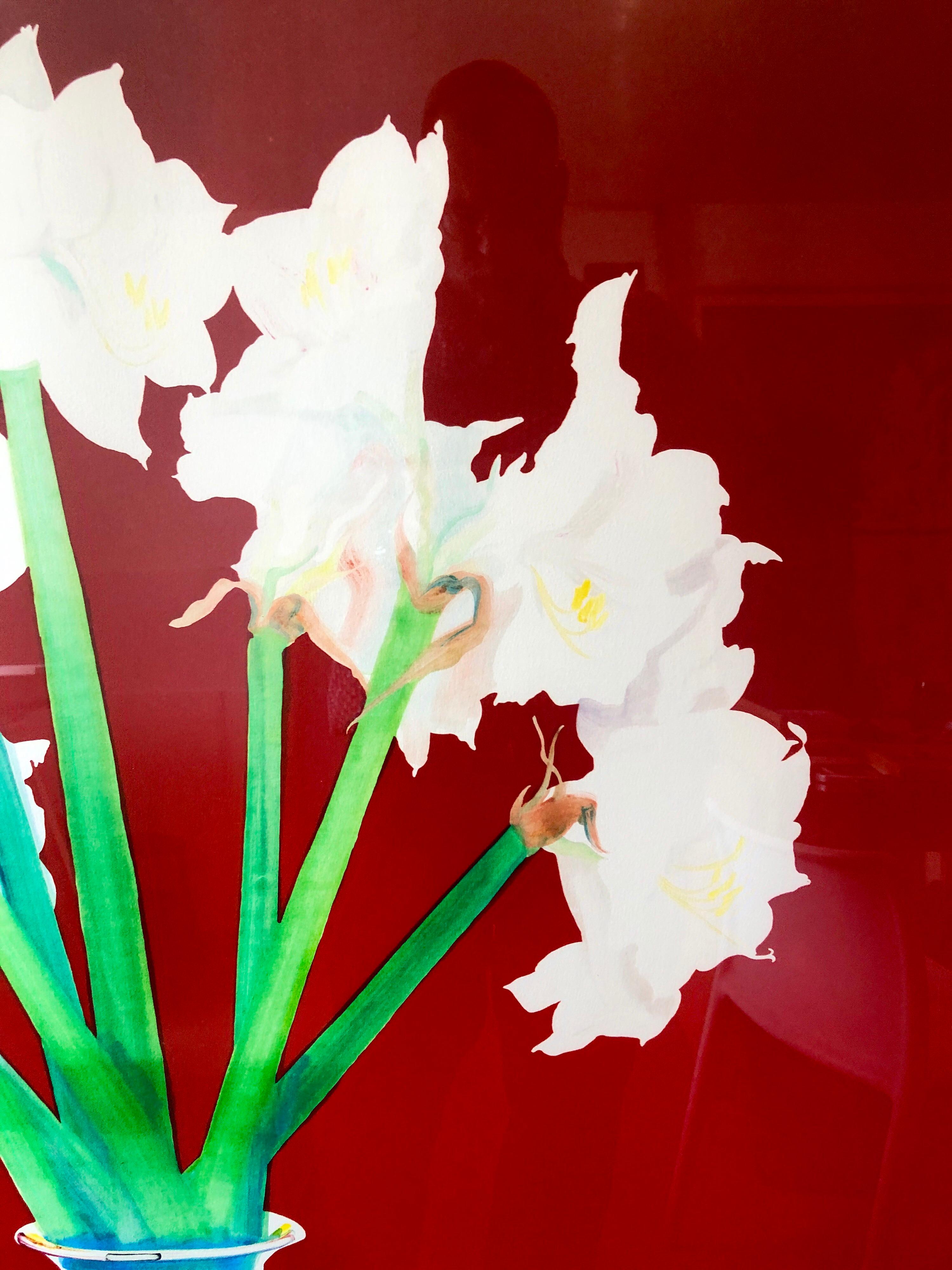 Großes kühnes, farbenfrohes Monoprint-Gemälde, Blumengemälde in Vase, Februar Amaryllis-Blumen im Angebot 5