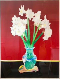 Vintage Large Bold Colorful Monoprint Painting Floral in Vase February Amaryllis Flowers