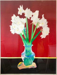 Großes, kräftiges, farbenfrohes Monoprint-Gemälde, Blumen in Vase, Amaryllis Blumen Februar