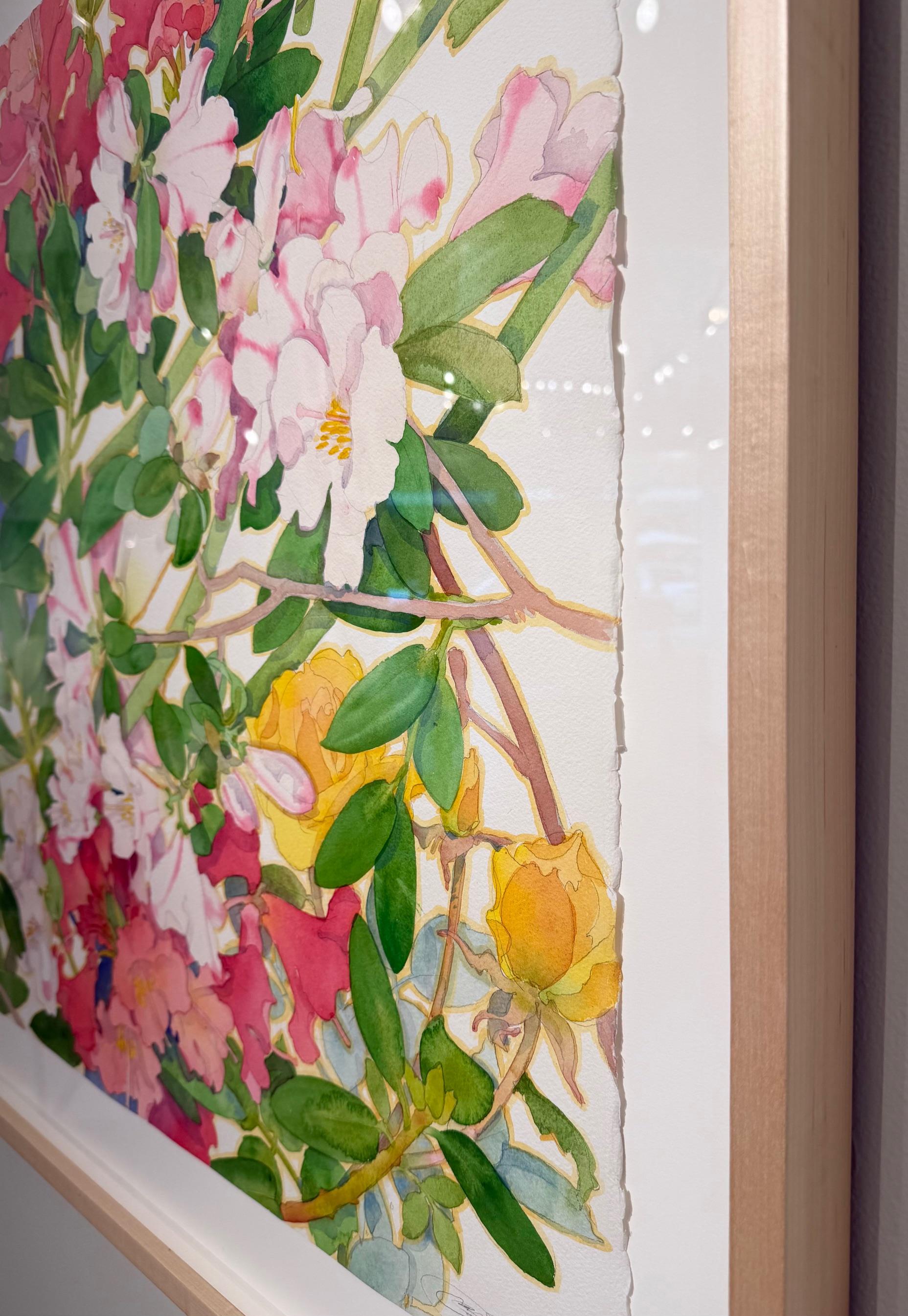 Ein wunderschönes Originalaquarell des amerikanischen realistischen Blumenaquarellmalers Gary Bukovnik, dessen Werke lebendig wirken. Die Sumer-Komposition ist eine Hommage an den Sommer und seine ganze Palette warmer Farben von Rot bis Grün.