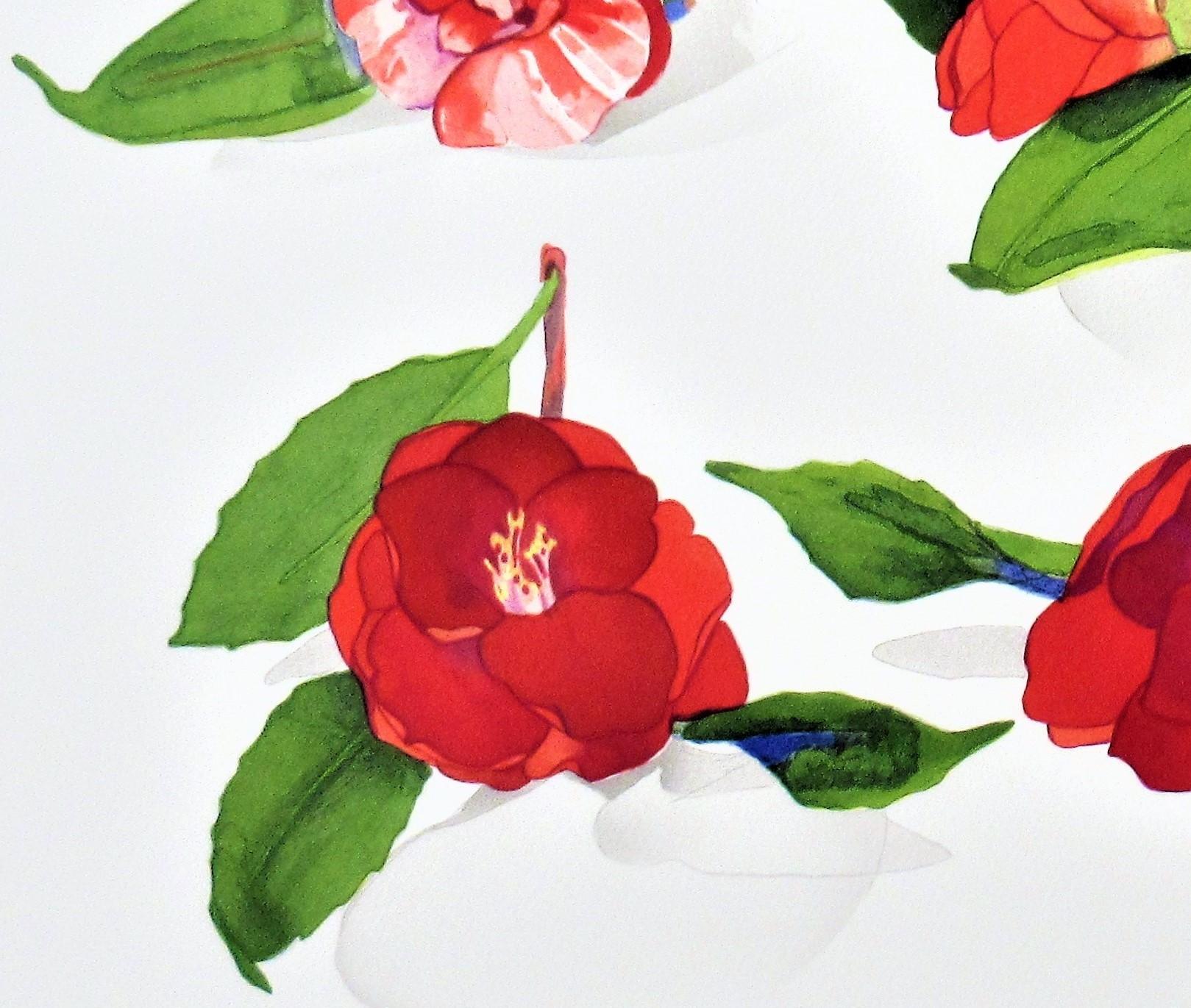 6 Camelias según un artista japonés desconocido - Figurative Print Gris de Gary Bukovnik