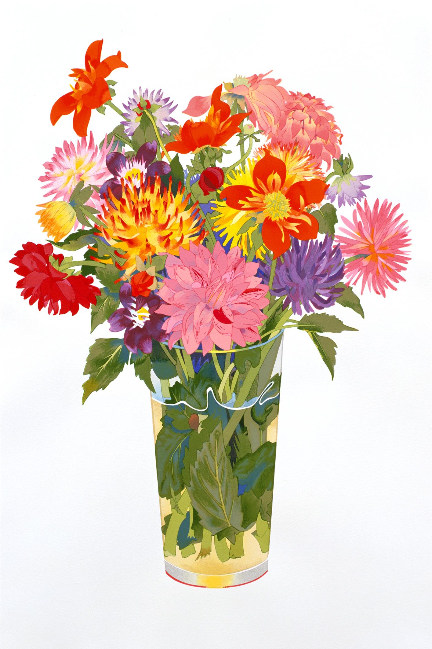 Dahlias von Gary Bukovnik, Siebdruck, 2001 (Blumenstrauß in Vase)