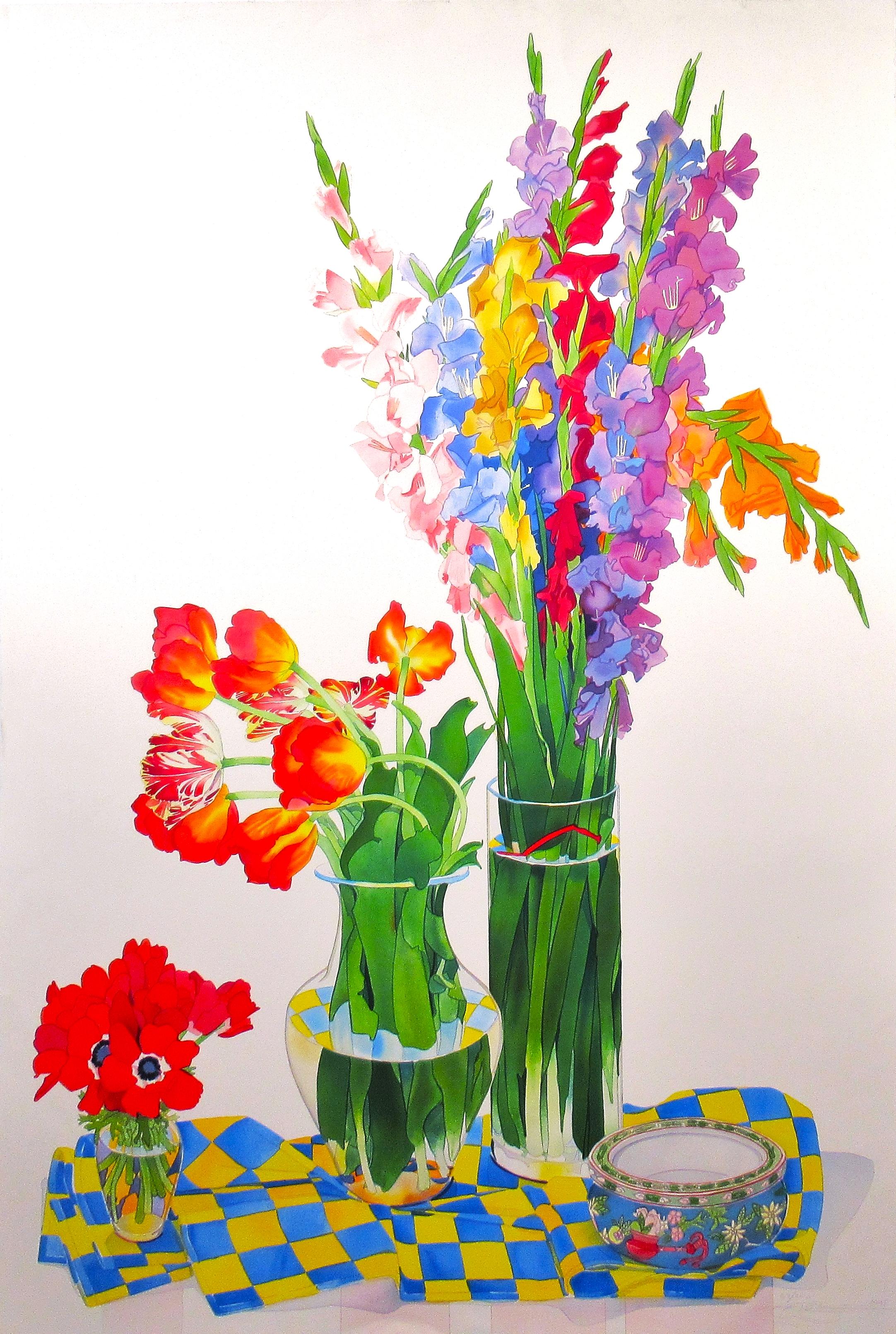 Gary Bukovnik Figurative Print - Three Vases with Flowers, very large lithograph