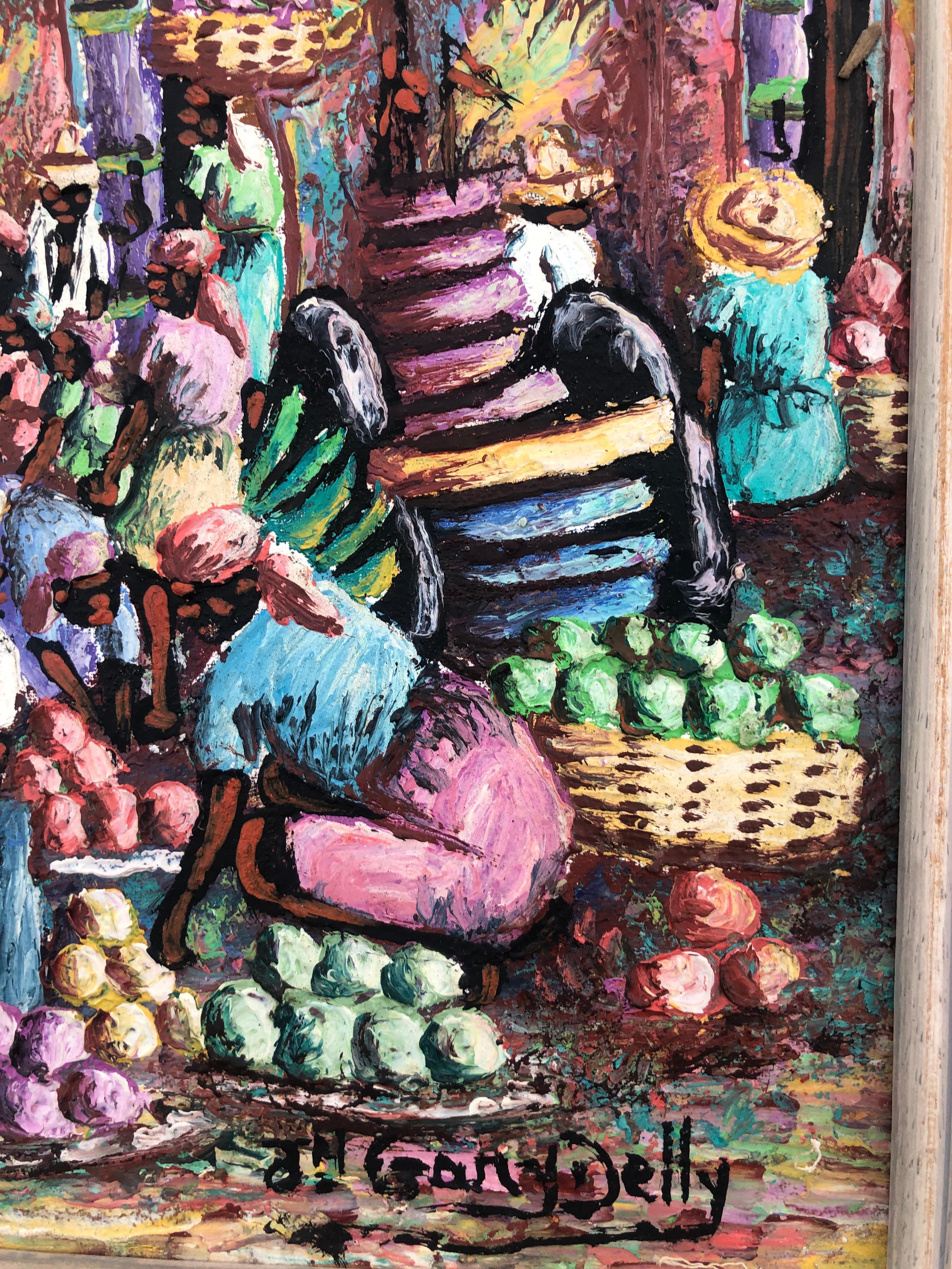 Mercato della frutta ad Haiti olio su tela - Figurative Painting Grigio di Gary Delly