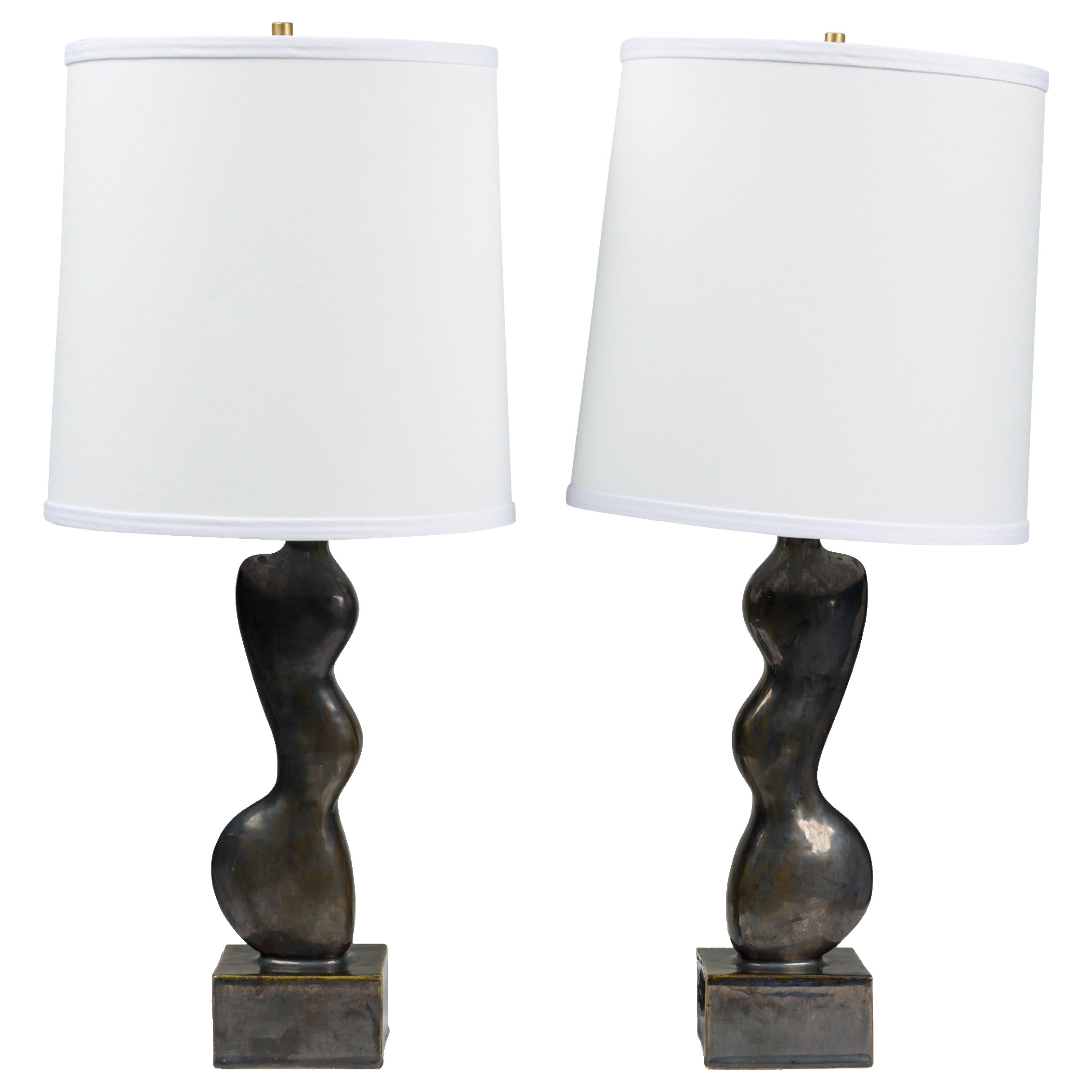 Gary DiPasquale Amorphic Form Ceramic Metallic Black 
Bronze Glazed Table Lamps For Sale