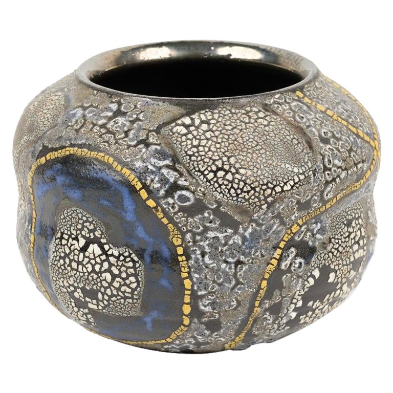 Gary DiPasquale Blue-grey Textured Low Gourd Vase with Yellow Abstract Lines