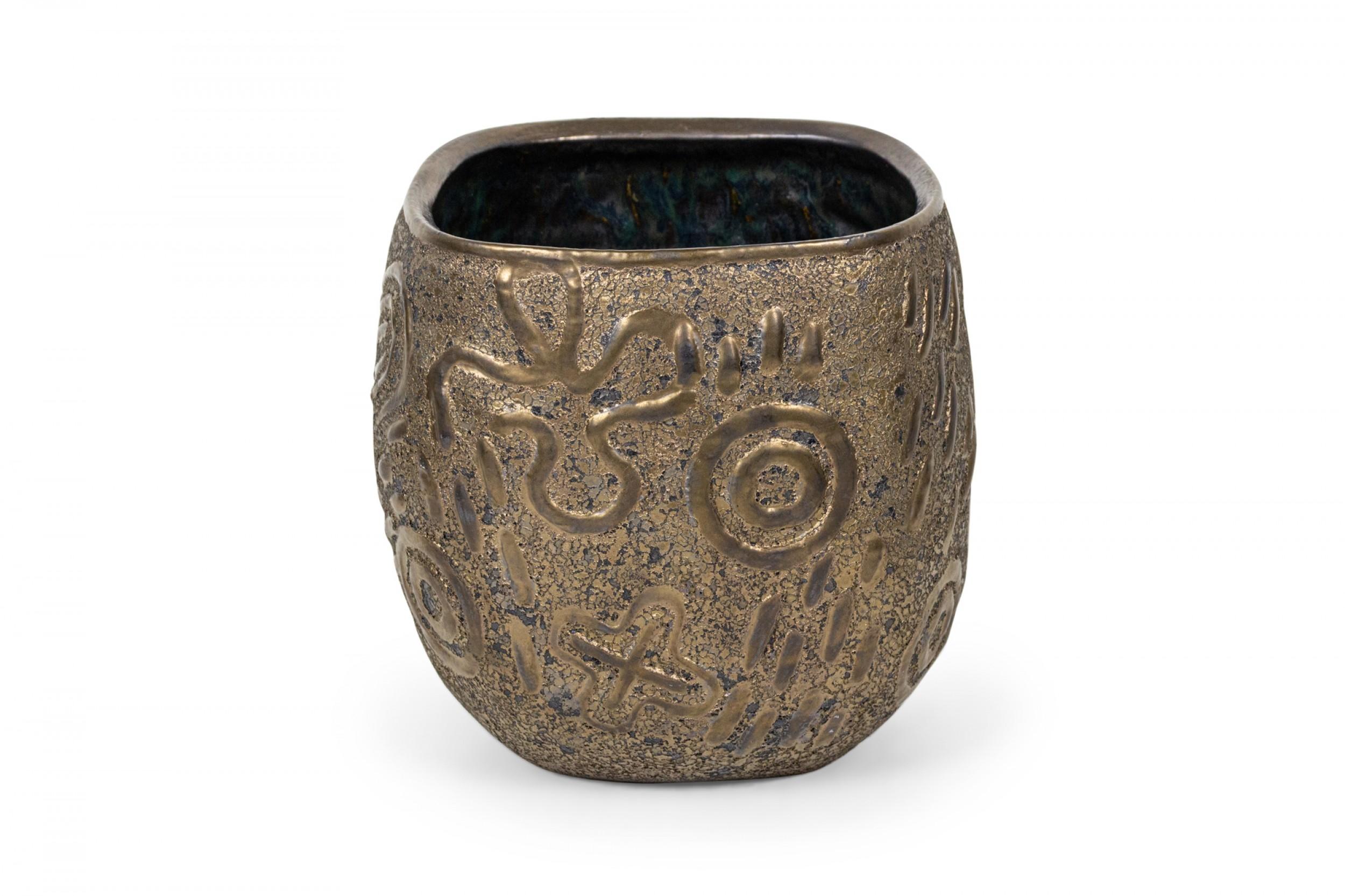 Modern Gary DiPasquale Contemporary Thrown Ceramic Graffiti Bronze Glazed Vessel For Sale