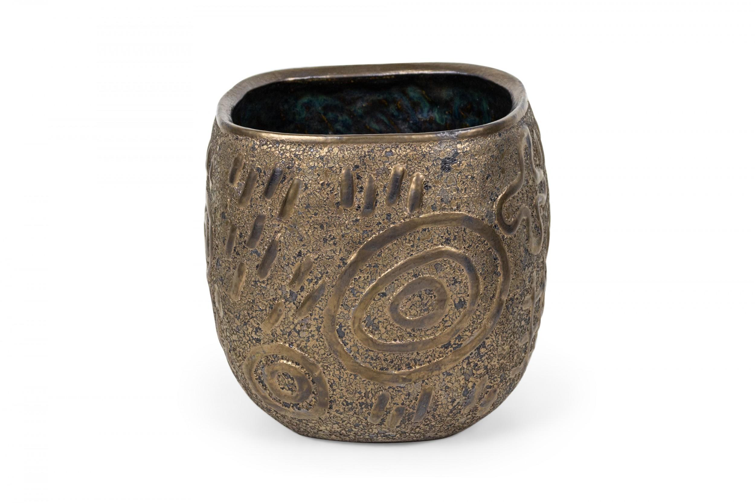 20th Century Gary DiPasquale Contemporary Thrown Ceramic Graffiti Bronze Glazed Vessel For Sale